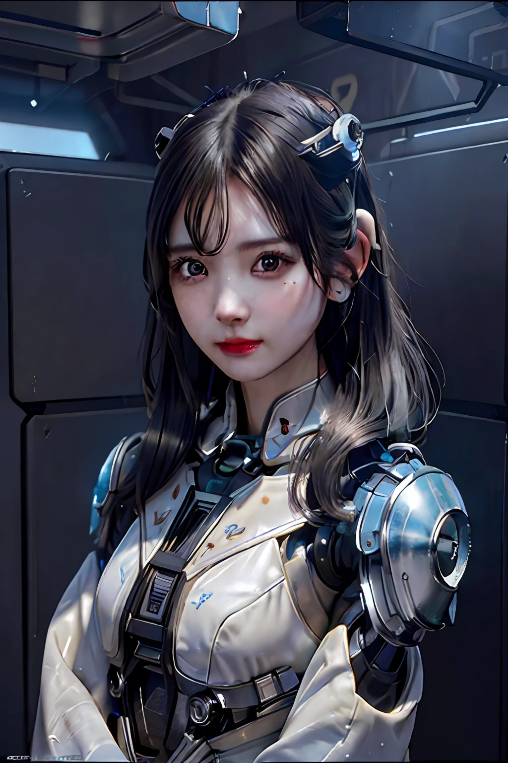 Dystopian, [sci-fi], High Detail RAW color Photo, Full Shot, of (cute female arterial intelligence, cybernetic enhancements), indoors, standing, (inside cryogenic chamber, in advanced cyberpunk research facility), toned physique, (small perky breasts, normal, large ass, (pale skin), (cybernetic implants:1.2), (augmentations), (cyborg:1.1), (detailed skin, diffused skin pores), silicone, metal, (highly detailed, fine details, intricate), (lens flare:0.4), (bloom:0.4), diffused soft lighting, raytracing, shallow depth of field, (Oliver Wetter), photographed on a Canon EOS 5D, 90mm micro lens, f/8, sharp focus, smooth, cinematic film still from Blade Runner 2049, [Cyberpunk:Dieselpunk:0.25]
