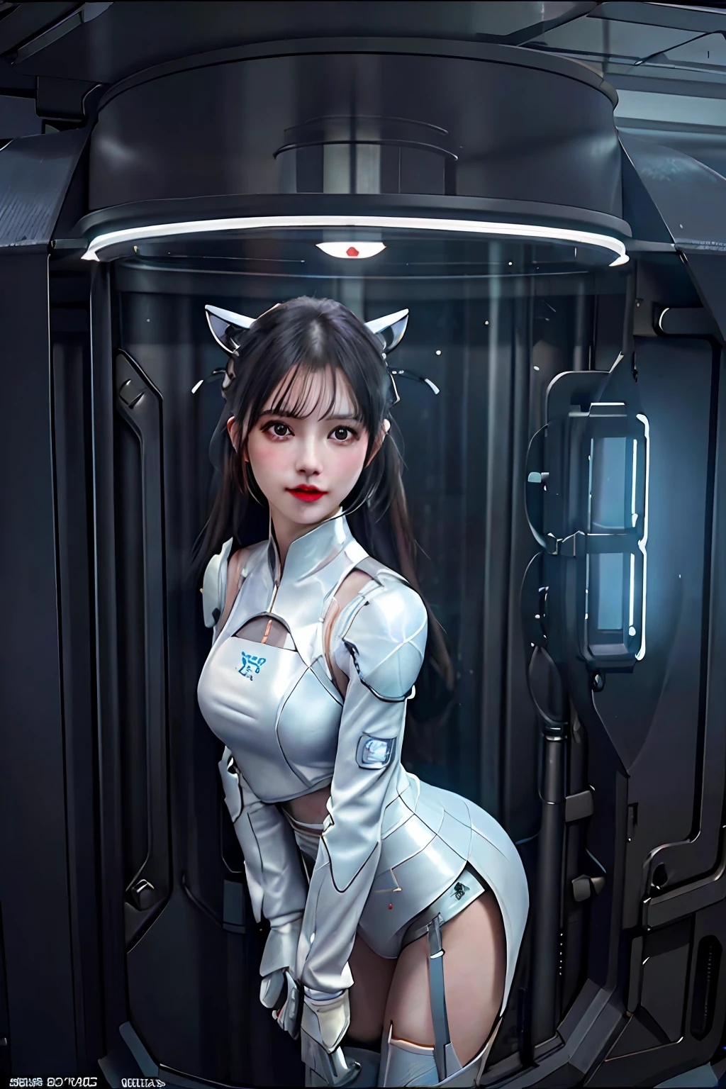 Dystopian, [sci-fi], High Detail RAW color Photo, Full Shot, of (cute female arterial intelligence, cybernetic enhancements), indoors, standing, (inside cryogenic chamber, in advanced cyberpunk research facility), toned physique, (small perky breasts, normal, large ass, (pale skin), (cybernetic implants:1.2), (augmentations), (cyborg:1.1), (detailed skin, diffused skin pores), silicone, metal, (highly detailed, fine details, intricate), (lens flare:0.4), (bloom:0.4), diffused soft lighting, raytracing, shallow depth of field, (Oliver Wetter), photographed on a Canon EOS 5D, 90mm micro lens, f/8, sharp focus, smooth, cinematic film still from Blade Runner 2049, [Cyberpunk:Dieselpunk:0.25]
