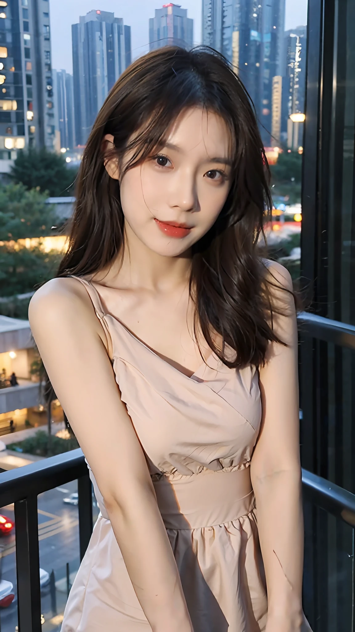 ((Best quality, 8k, Masterpiece: 1.3)), Selfie, Sharp focus: 1.2, Cute beautiful woman with perfect body: 1.4, Slim big breasts: 1.2, ((Brown hair dark, Big breasts: 1.2)) , (small transparent dress, half naked, highly detailed breasts, Happy expression, Standing: 1.2), ((Night view of the city with rain, Balcony simple: 1.3 making with the female being the main focus)), Highly detailed face and skin texture, Detailed eyes, Double eyelid
