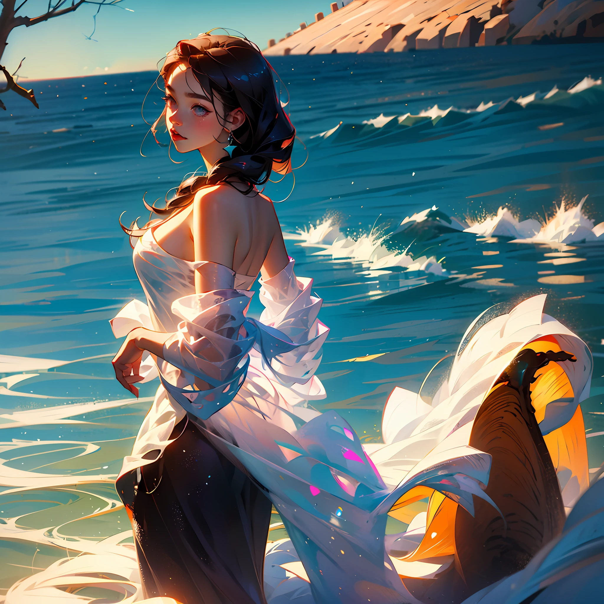 Anime girl in a white dress standing on the beach - SeaArt AI