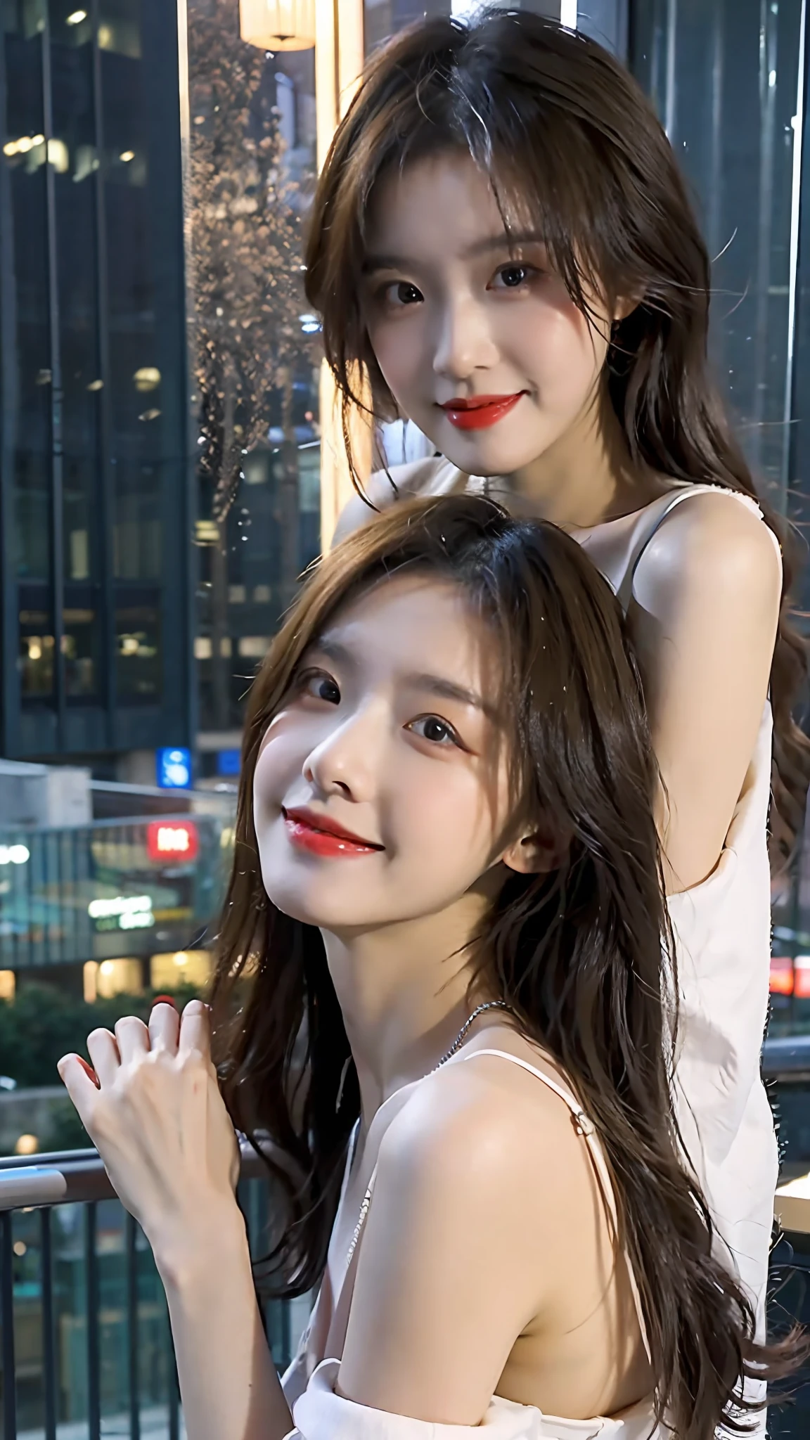 ((Best quality, 8k, Masterpiece: 1.3)), Selfie, Sharp focus: 1.2, Cute beautiful woman with perfect body: 1.4, Slim big breasts: 1.2, ((Brown hair dark, Big breasts: 1.2)) , (small transparent dress, half naked, highly detailed breasts, Happy expression, Standing: 1.2), ((Night view of the city with rain, Balcony simple: 1.3 making with the female being the main focus)), Highly detailed face and skin texture, Detailed eyes, Double eyelid