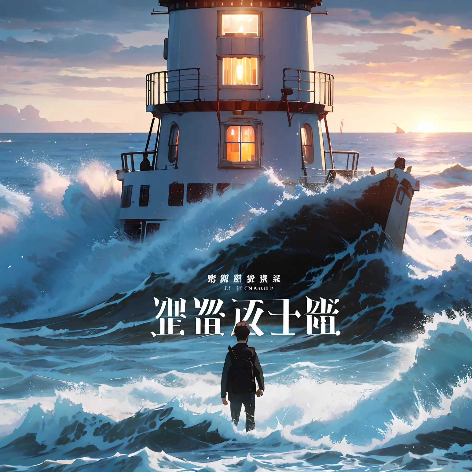 Make one《She disappeared》Movie promotional poster,Be there the raging sea and the lighthouse,Fearful heroine as blurred background,The male protagonist has his back to the camera,The time is evening --auto