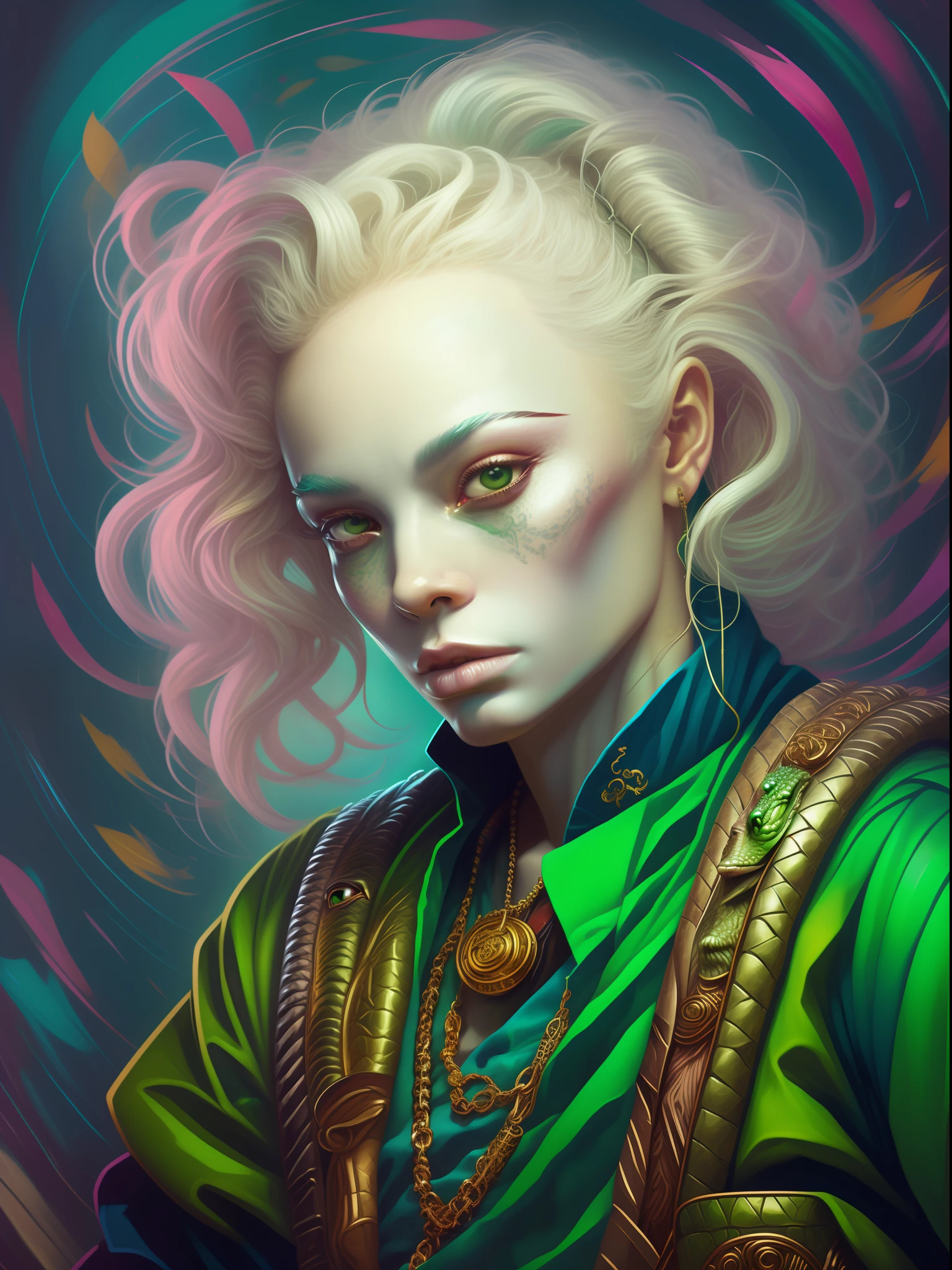 here is a man and a crocodile statue in a green outfit, digital art inspired by Russell Dongjun Lu, tumblr, pop surrealism, neon version of style jim burns, portrait of albino mystic, arca album cover, david la chapelle, mert alas and marcus piggott, maxim sukharev, steven klein, crocodile loki, official versace editorial, sergey zabelin
