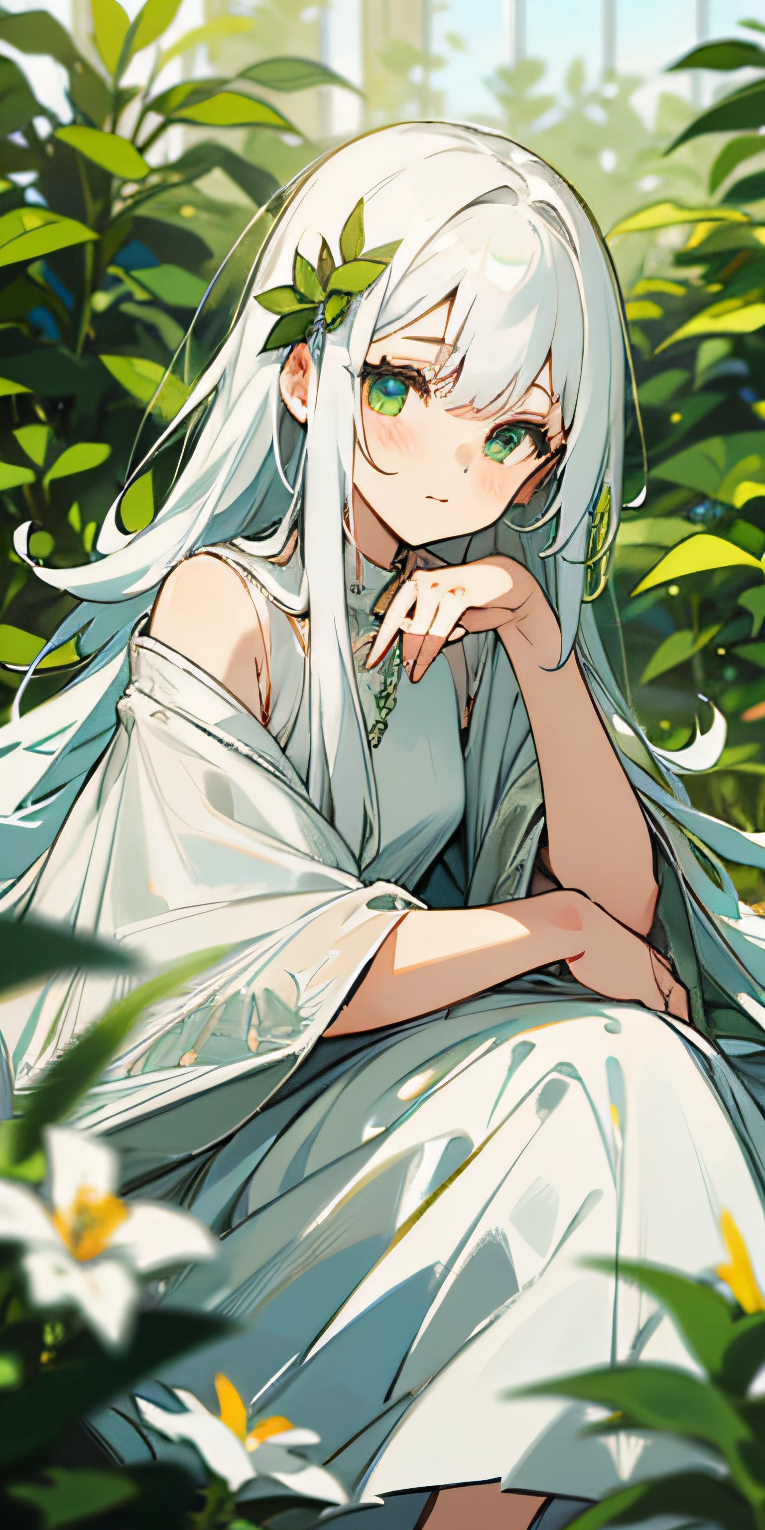 (masterpiece, best quality),1girl with long white hair sitting in a field of green plants and flowers, her hand under her chin, warm lighting, white dress, blurry foreground