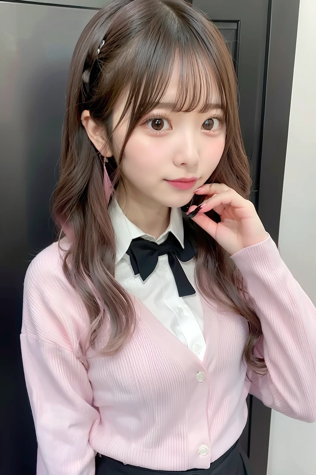 araffe girl with long hair wearing a pink shirt and black tie, cardigan, ulzzang, sakimichan, 奈良美智, sakimi chan, chiho, cute kawaii girl, girl cute-fine-face, ((pink)), shikamimi, belle delphine, cutecore, reluvy5213