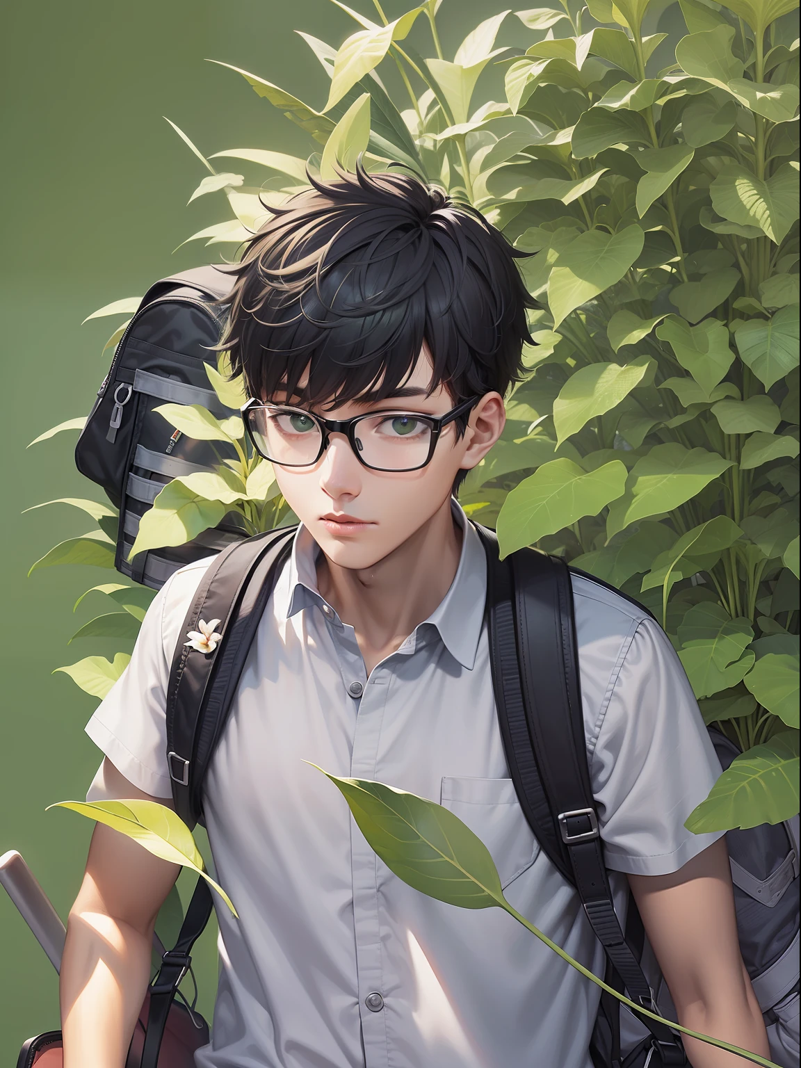 a 17 years old tennager male, wearing black frame glasses, shirt, exercising plants, thin body type, carries a backpack, green background, black hair, masterpiece, ccurate, anatomically correct, best quality, high details, highres, HD