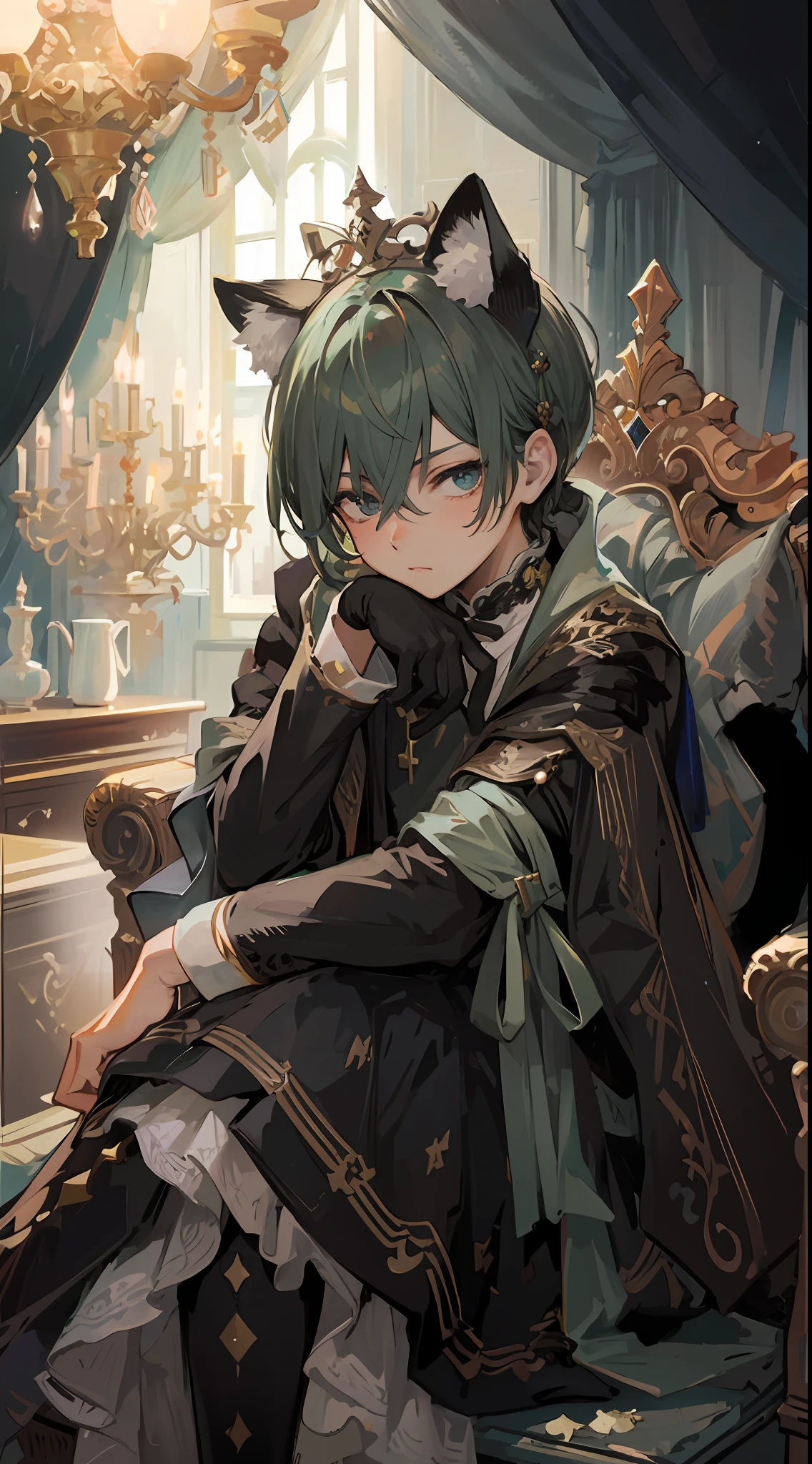 Anime - style image of a man in black prince clothes sitting on a chair, Beautiful prince, Trending on ArtStation pixiv, ((wearing aristocrat robe)), royal elegant pose, Delicate prince, Detailed key anime art, guweiz on pixiv artstation, inspired by Masanobu Okumura