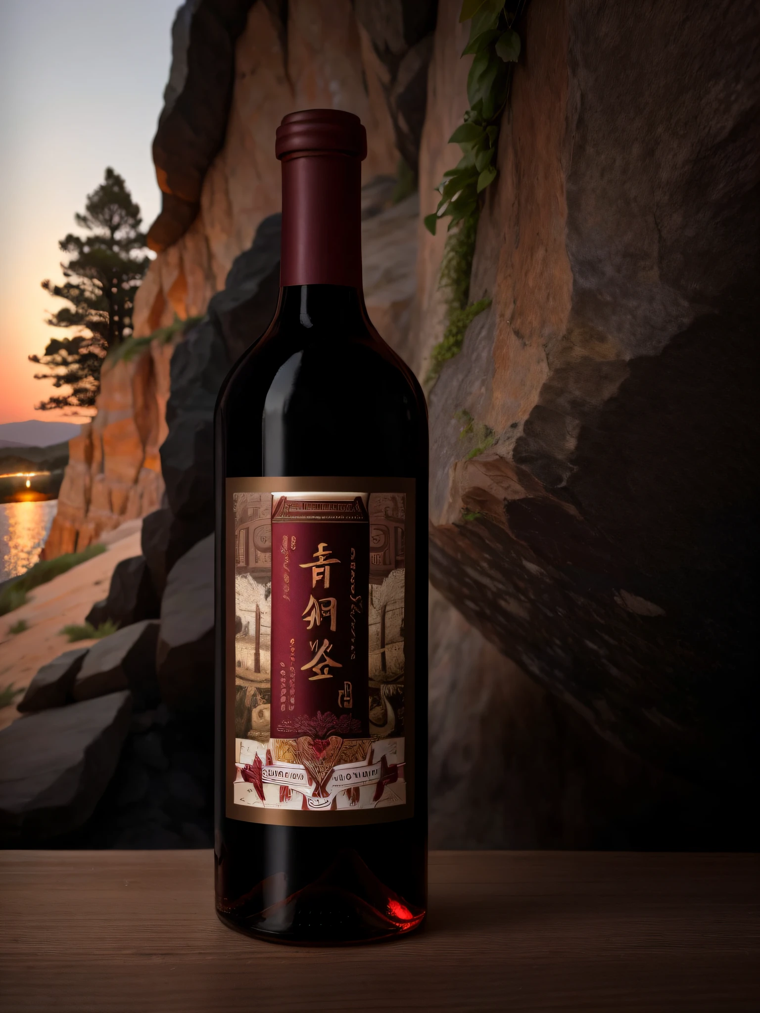 Close-up of a bottle of wine,There is a tree on it, wine label, Iron bark, award-winning crisp details”, award - winning crisp details ”, Perfect detail, 2018, 2 0 1 8, Wine, Award-winning darkness, Wine bottles, an award winning masterpiece, Award-Awarded. Masterpiece, super realistic”, 2 0 1 9,The background is at a cave entrance,Close-up of red wine,There is landscape outside the cave entrance