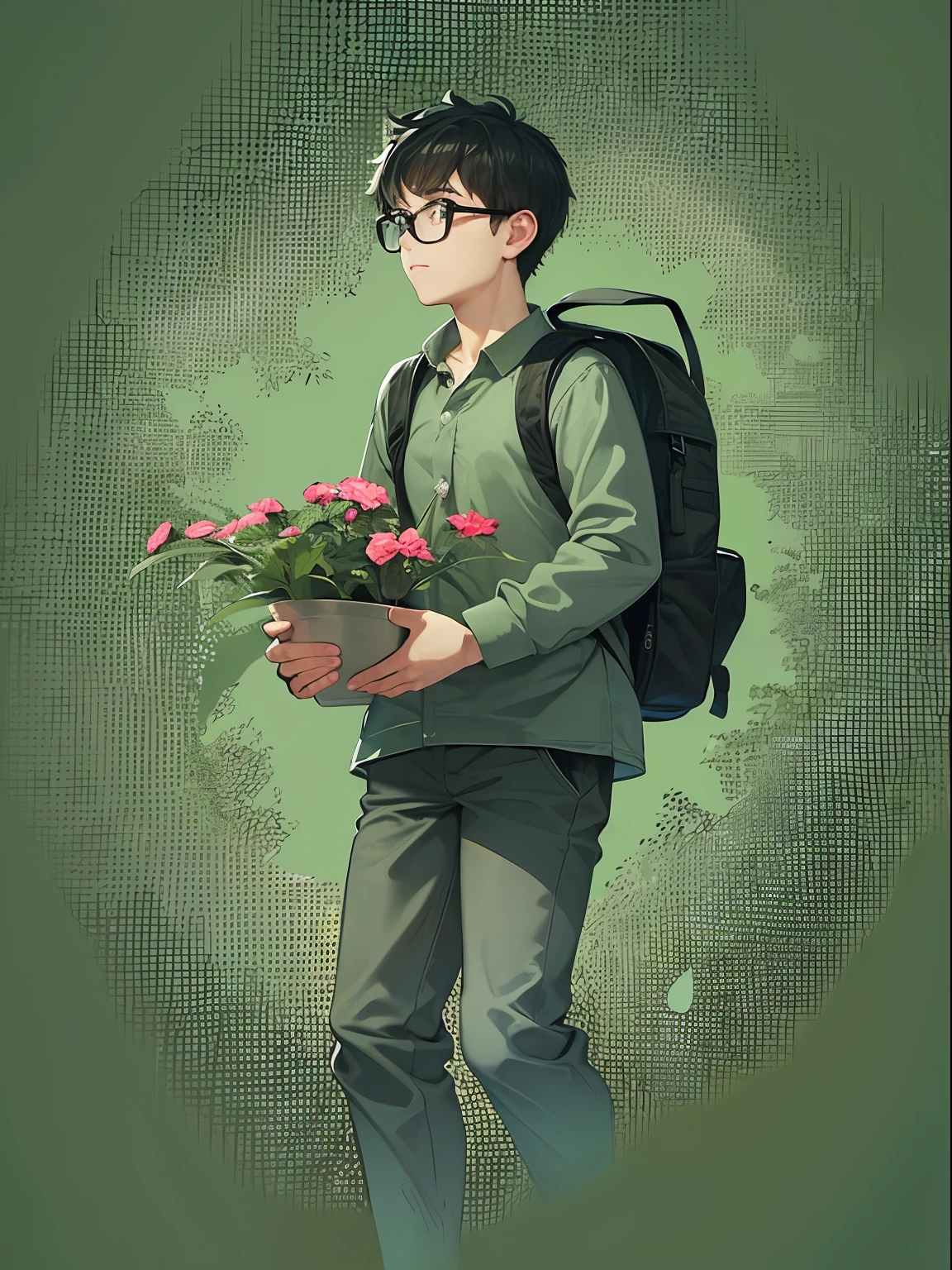 a  tennager male, wearing black frame glasses, shirt, exercising plants, thin body type, carries a backpack, green background, black hair, masterpiece, ccurate, anatomically correct, best quality, high details, highres, HD