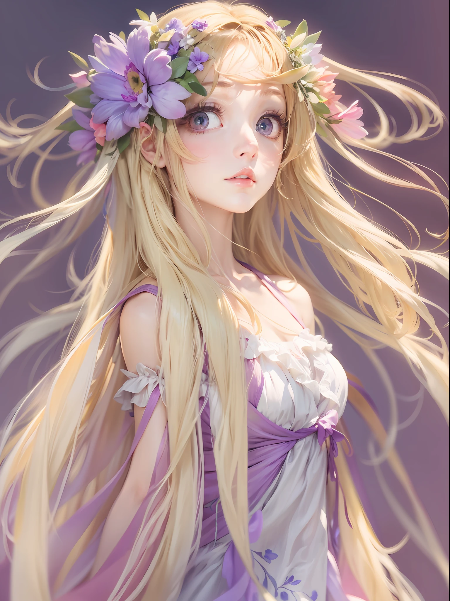 Blonde hair, hair flower, head wreath, Gradient_Eyes, long eyelasher, tsurime, wince, eyebrows behind the hair, Purple hair, Very long hair, Floating hair, Absurdly long hair, Anime, first person perspective, neo-classical, Renaissance, 8K, A high resolution, Best quality