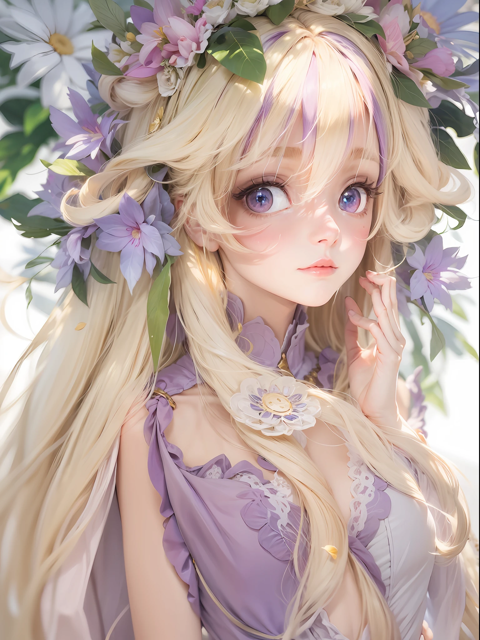 Blonde hair, hair flower, head wreath, Gradient_Eyes, long eyelasher, tsurime, wince, eyebrows behind the hair, Purple hair, Very long hair, Floating hair, Absurdly long hair, Anime, first person perspective, neo-classical, Renaissance, 8K, A high resolution, Best quality