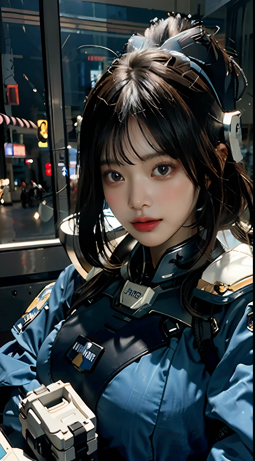 Highest image quality, outstanding details, ultra-high resolution, (realism: 1.4), the best illustration, favor details, highly condensed 1girl, with a delicate and beautiful face, gigantic boobs,sexy dressed in a black and blue mecha, wearing a mecha helmet, holding a directional controller, riding on a mechnized, the background is a high-tech lighting scene of the future city.