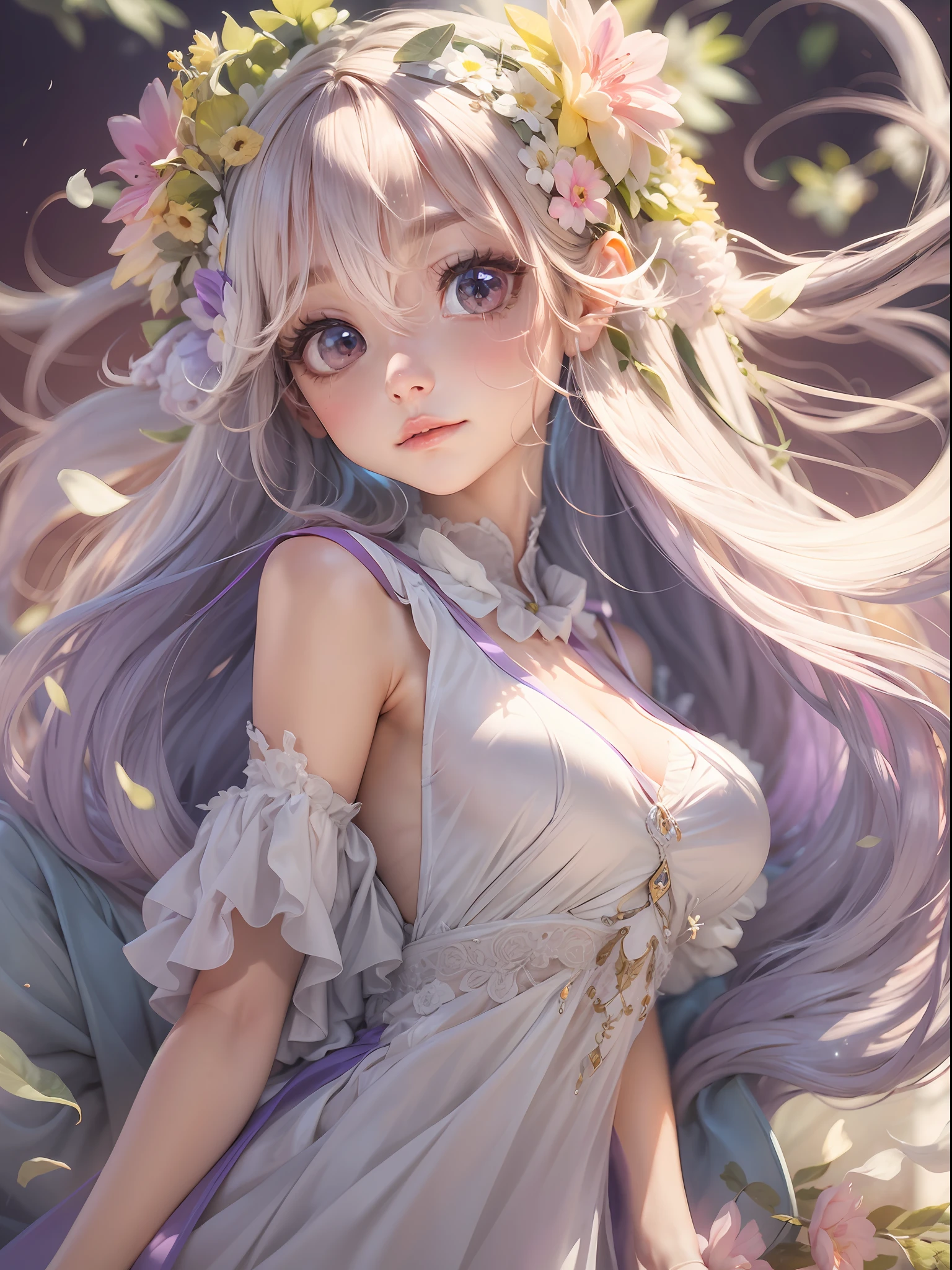 Blonde hair, hair flower, head wreath, Gradient_Eyes, long eyelasher, tsurime, wince, eyebrows behind the hair, Purple hair, Very long hair, Floating hair, Absurdly long hair, Anime, first person perspective, neo-classical, Renaissance, 8K, A high resolution, Best quality