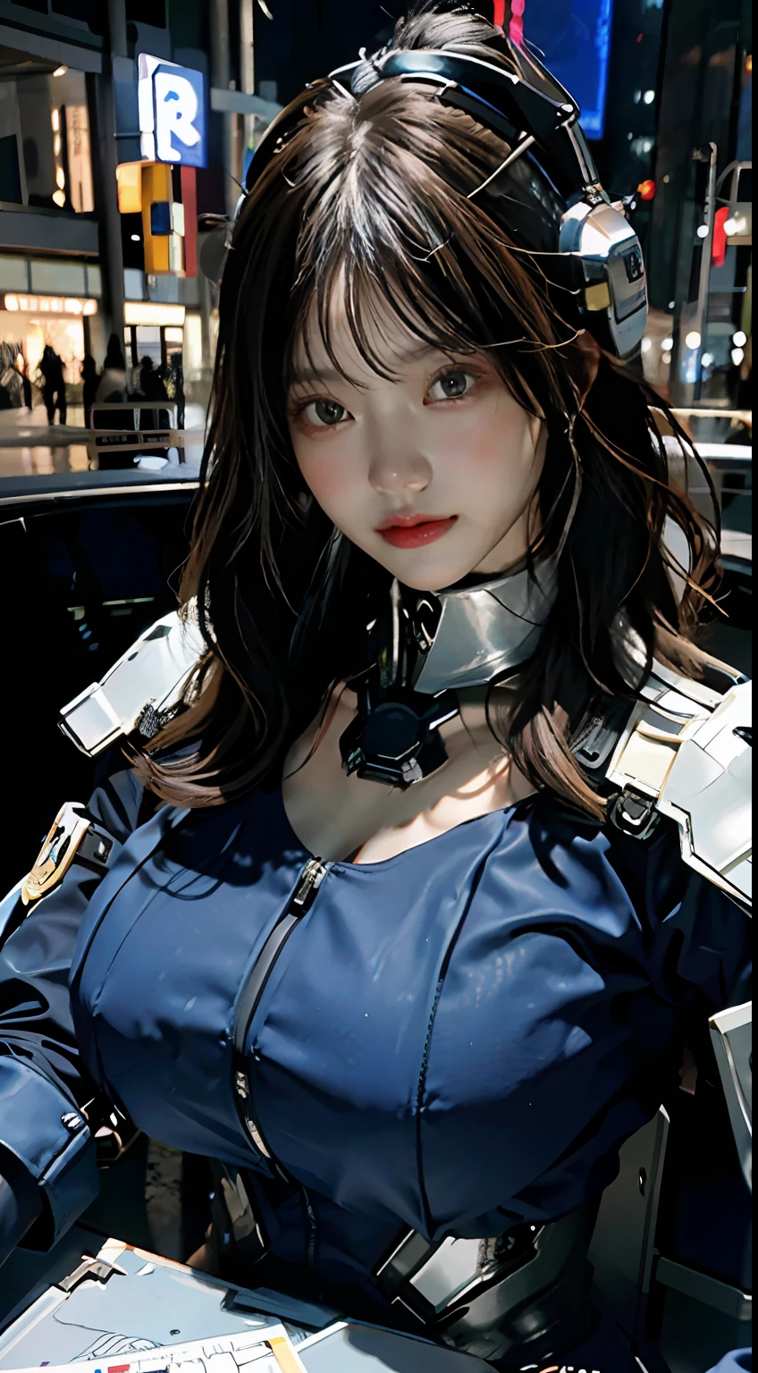Highest image quality, outstanding details, ultra-high resolution, (realism: 1.4), the best illustration, favor details, highly condensed 1girl, with a delicate and beautiful face, gigantic boobs,sexy dressed in a black and blue mecha, wearing a mecha helmet, holding a directional controller, riding on a mechnized, the background is a high-tech lighting scene of the future city.