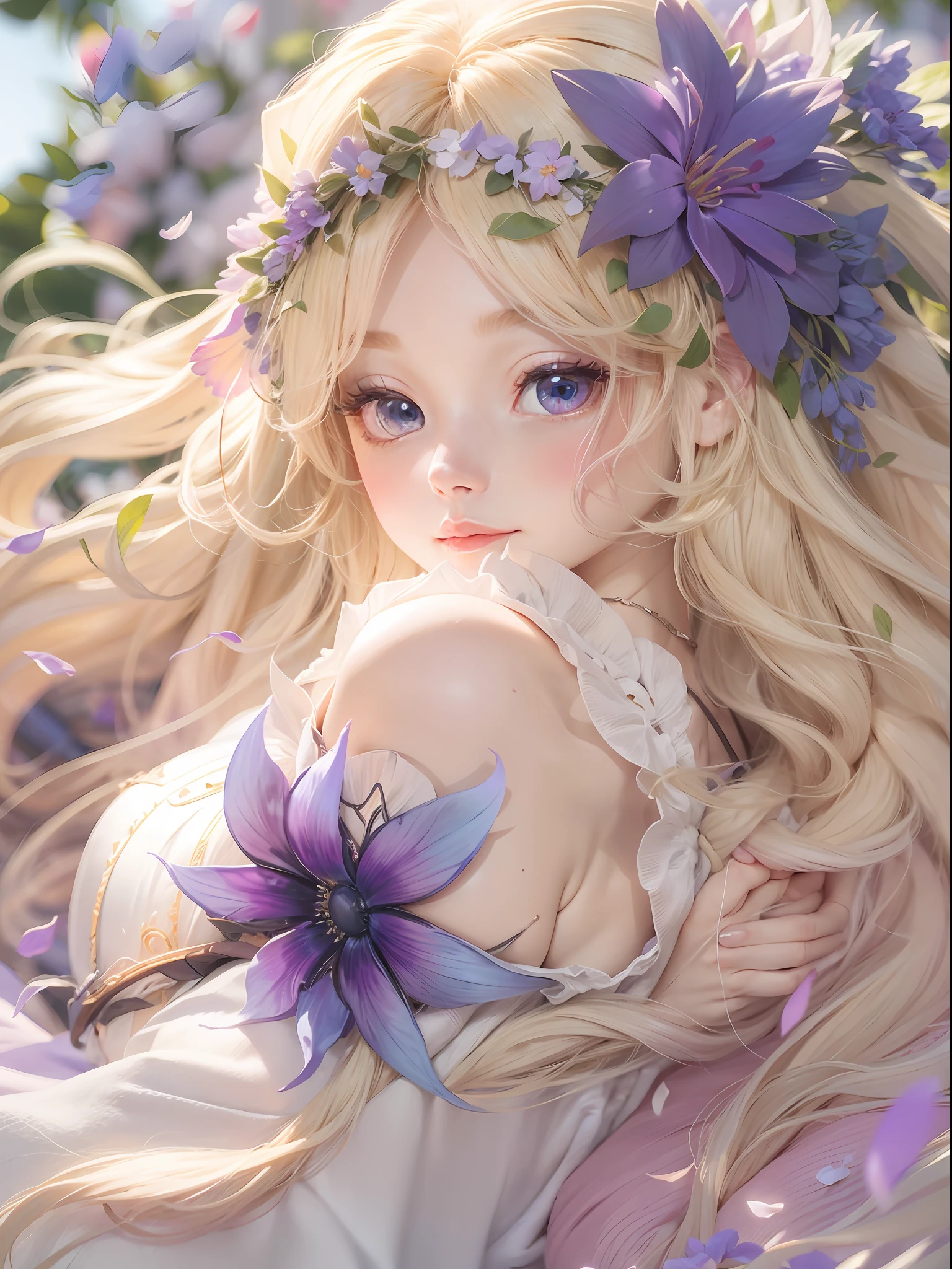 Blonde hair, hair flower, head wreath, Gradient_Eyes, long eyelasher, tsurime, wince, eyebrows behind the hair, Purple hair, Very long hair, Floating hair, Absurdly long hair, Anime, first person perspective, neo-classical, Renaissance, 8K, A high resolution, Best quality
