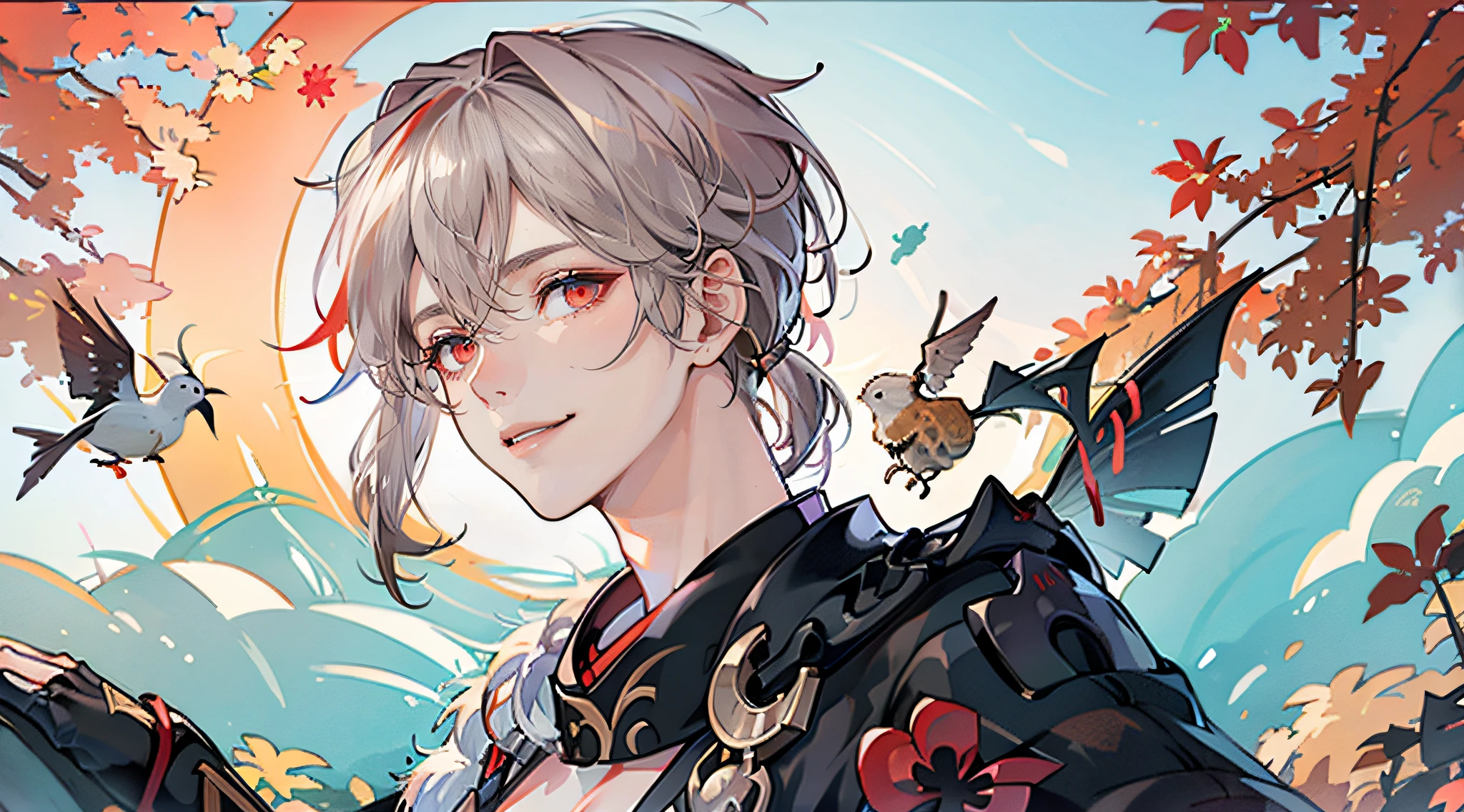 Handsome face,red color eyes,ssmile,Keep one's mouth shut