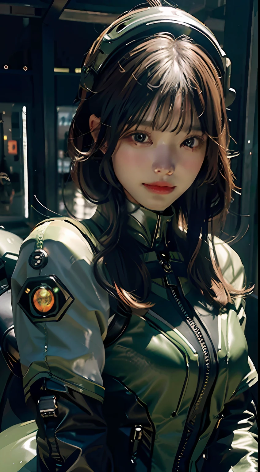 Highest image quality, outstanding details, ultra-high resolution, (realism: 1.4), the best illustration, favor details, highly condensed 1girl, with a delicate and beautiful face, dressed in a black and green mecha, wearing a mecha helmet, holding a directional controller, riding on a motorcycle, the background is a high-tech lighting scene of the future city.