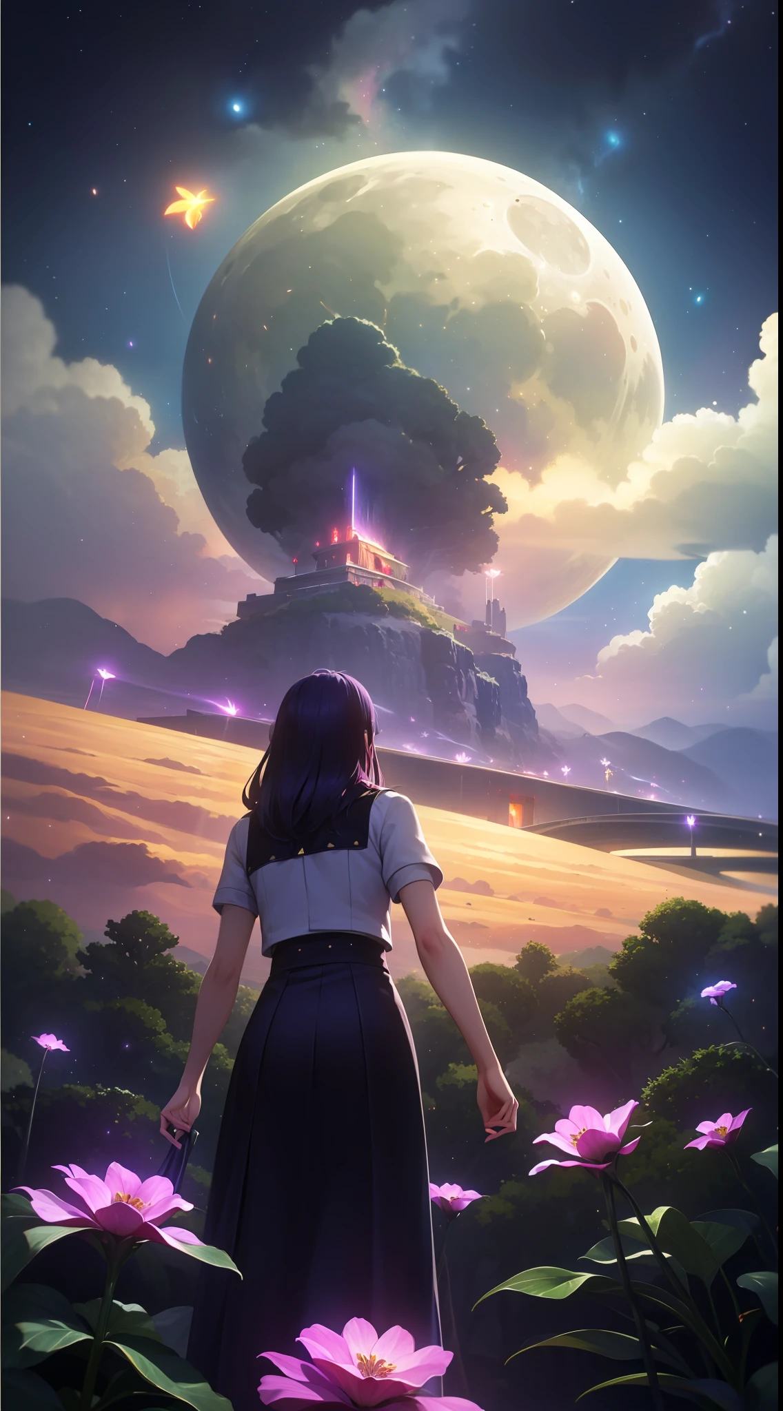 Vast landscape photos、(The sky is up as seen from below、The field is down)、Girl standing in a flower garden and looking up、(fullmoon:1.2)、(meteors:0.9)、(nebulas:1.3)、mountain in the distance々、The tree々 BREAK Craft Art、(warm light:1.2)、(fireflys:1.2)、A light、lightning bolt、Lots of Purples and Oranges、intricate detailes、voluminous lighting、Realism BREAK(​master piece: 1.2), (Top image quality), 8k, The ultra-detailliert, (dynamic compositions: 1.4), ighly detailed, Colorful Detail, (Rainbow Color: 1.2), (Glow Lighting, Atmosphere Lighting), dream-like, Magical, (独奏: 1.2)
