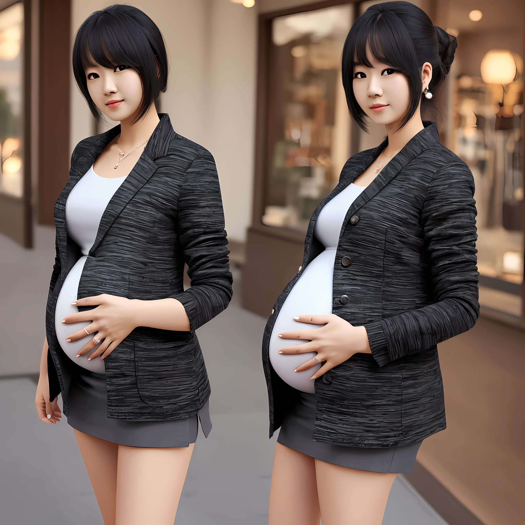 A high resolution, Sharp focus, Pixiv masterpiece, ((Complicated details)), highly detailed, full bodyesbian, inaba_himeko, 1pregnant woman,potbelly,4 months pregnant,pregnant belly, Black hair, Black sweater, (黑The eye:1.3), 校服, Sweaters, Formal shirts, jaket, blazer jacket, blueribbon, The shirt, plaid skirts,8k,photorealestic,Need --auto