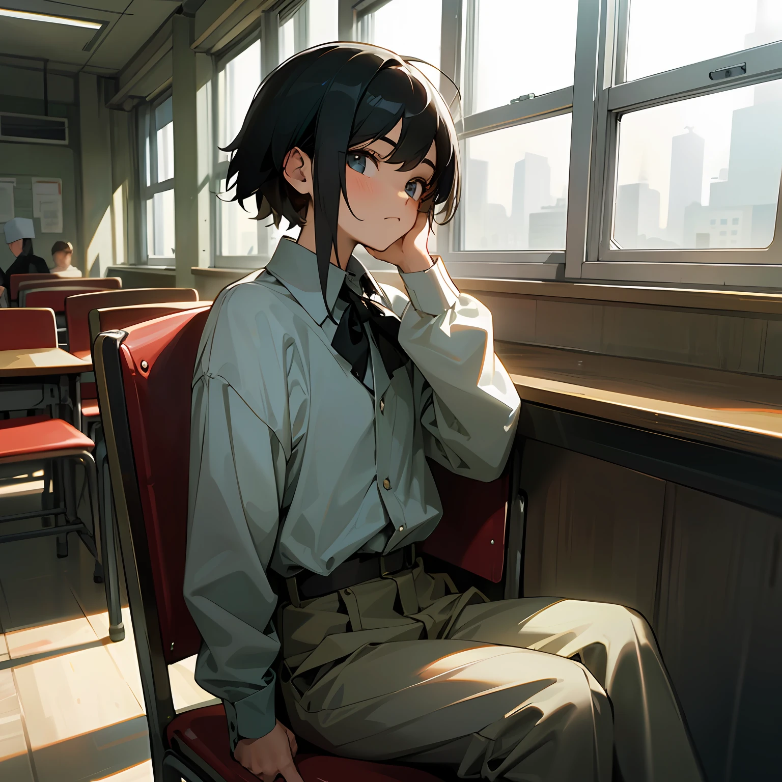 In the classroom, the boy in the second seat by the window on the left looks at the girl in the fifth row in the second column on the right,Girl with black hair 17 years old,The boy held his chin in his hand --auto