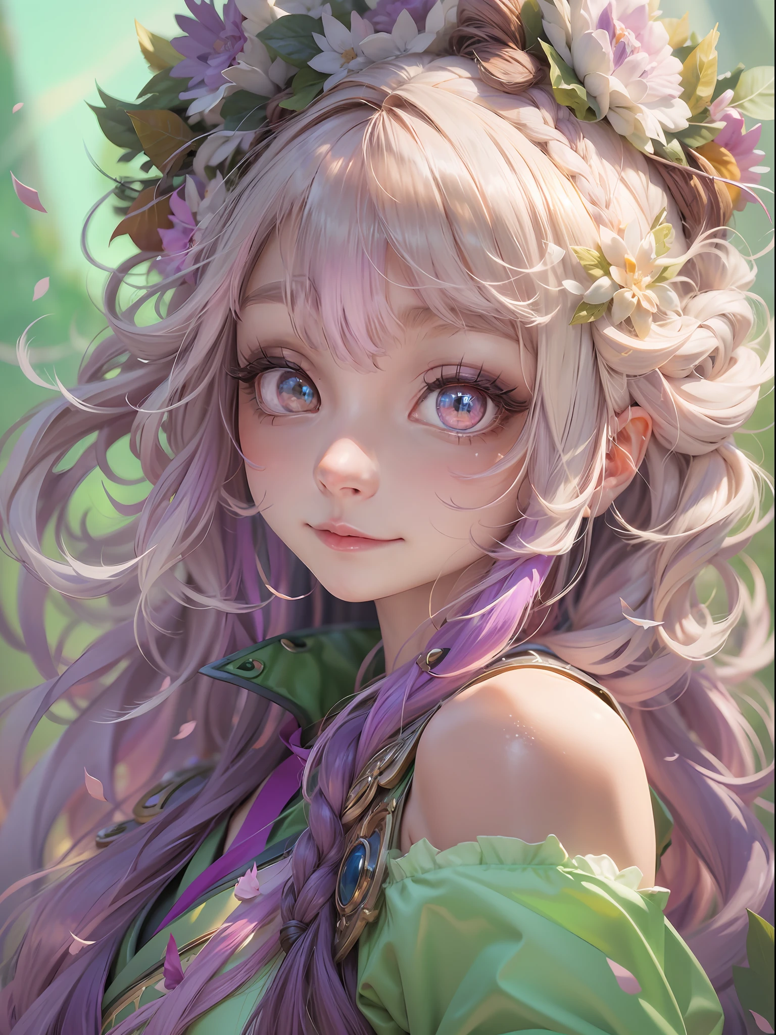 best qualtiy，8K，Best quality，(the detail:1.4), Blonde hair, hair flower, head wreath, Gradient_Eyes, long eyelasher, tsurime, wince, eyebrows behind the hair, Purple hair, Very long hair, Floating hair, Absurdly long hair, Anime, intriguing，cheerfulness，first person perspective, neo-classical, Renaissance,Epic and beautiful character art，Stunning character art，Ray traching,The costumes and facial expressions of the characters are very detailed，Displays a detailed description