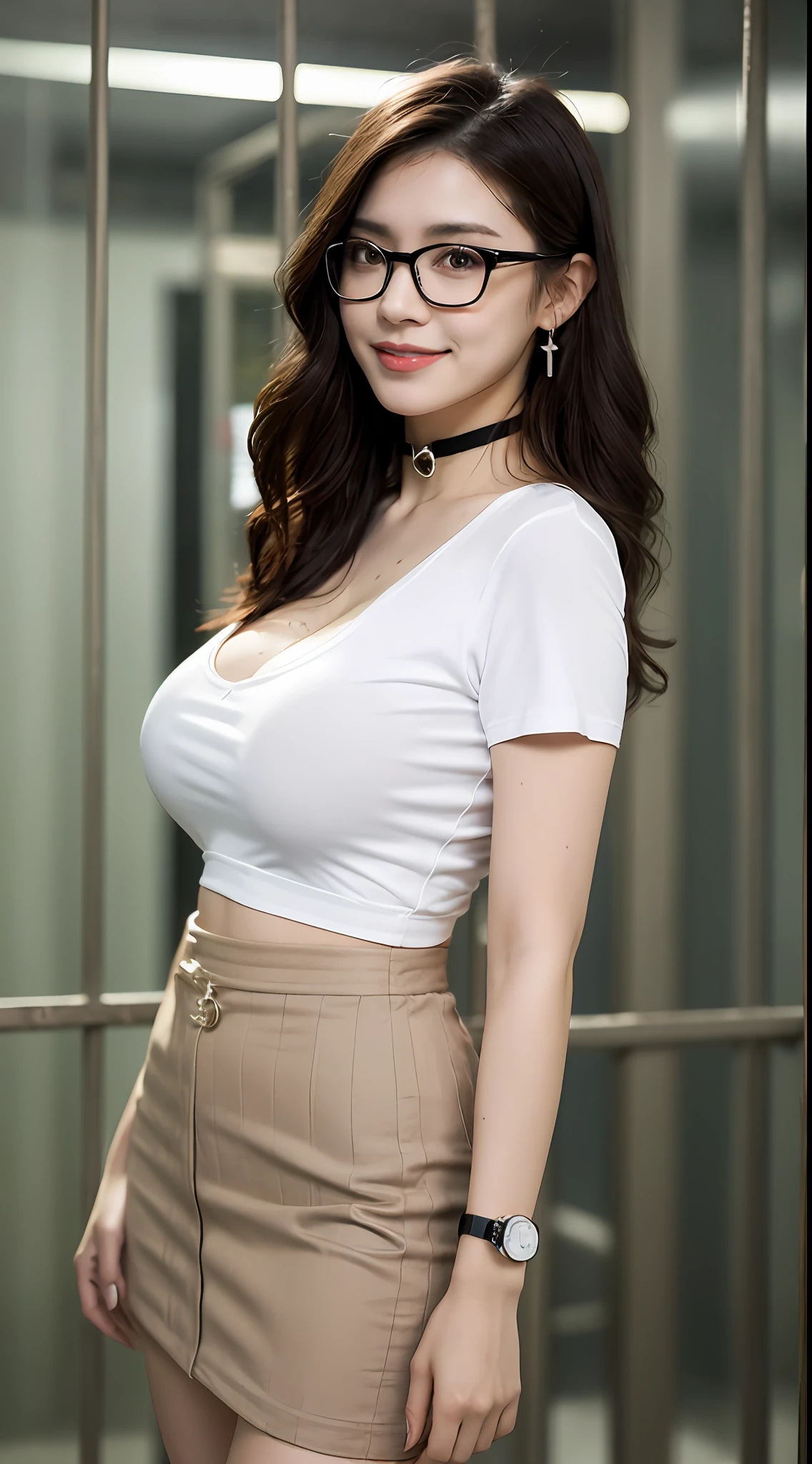 ((midnight, Need, 8K, tmasterpiece:1.3)), A whole body, Long legs, Focalors:1.2, Plump body，perfect figure beautiful woman:1.4,((Dark brown hair, huge tit:1.2 )), (Low-cut white T-shirt, Skinny white T-shirt，deep v big breasts，Low-cut black stockings，cleavage，Superskirt), ((behind bars，Cage，captivity)), crowd of，Highly detailed facial and skin texture, A detailed eye, 二重まぶた，wears glasses，crisp breasts，Smile with，Bigger breasts, Wavy hair，crisp breasts，Get wet，Sweat profusely，wearing a choker，Wear earrings，wears a watch，It's cold