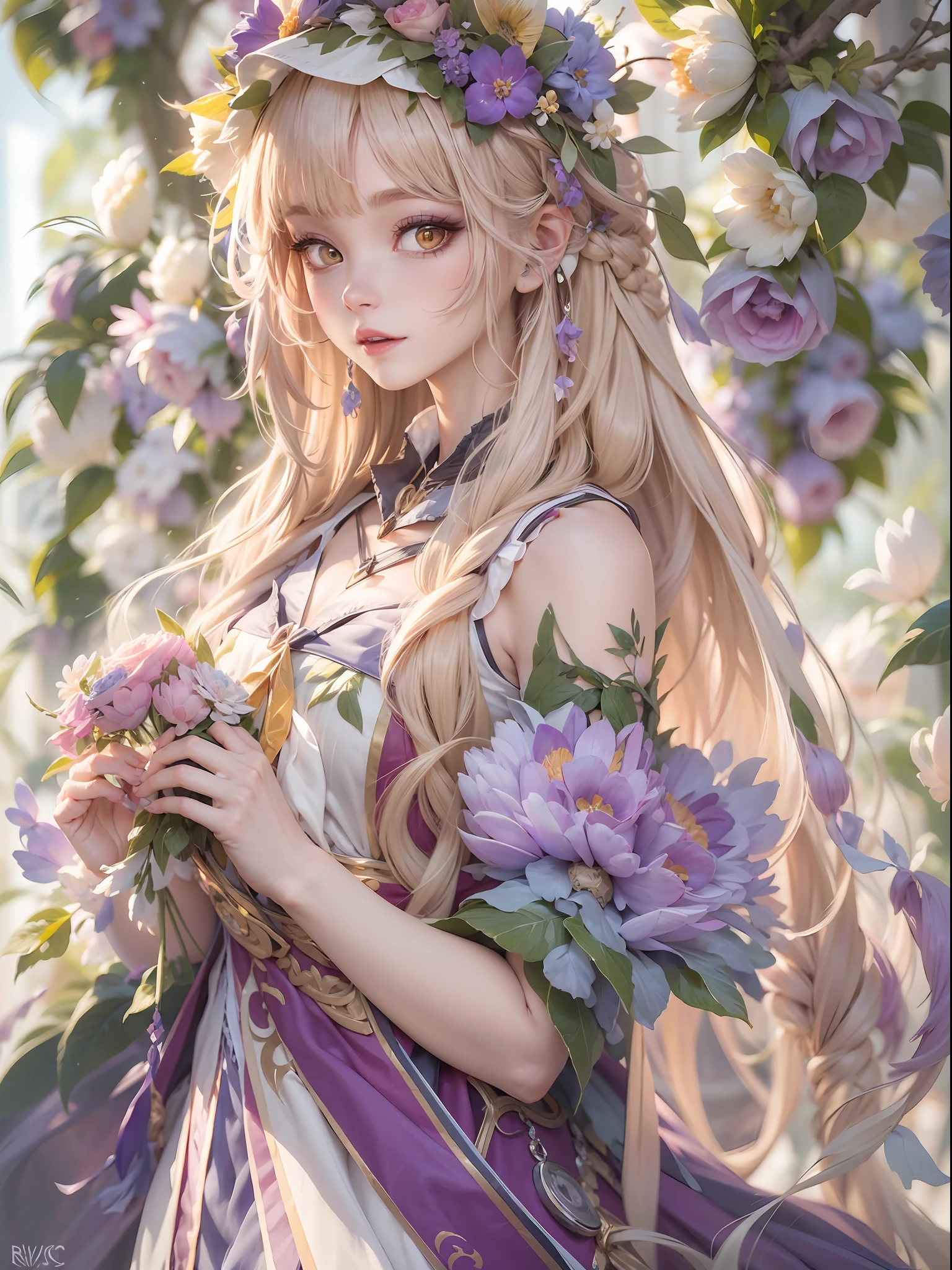 best qualtiy,8K,Best quality,(the detail:1.4), Blonde hair, hair flower, head wreath, Gradient_Eyes, long eyelasher, tsurime, wince, eyebrows behind the hair, Purple hair, Very long hair, Floating hair, Absurdly long hair, Anime, intriguing,cheerfulness,first person perspective, neo-classical, Renaissance,Epic and beautiful character art,Stunning character art,Ray traching,The costumes and facial expressions of the characters are very detailed,Displays a detailed description