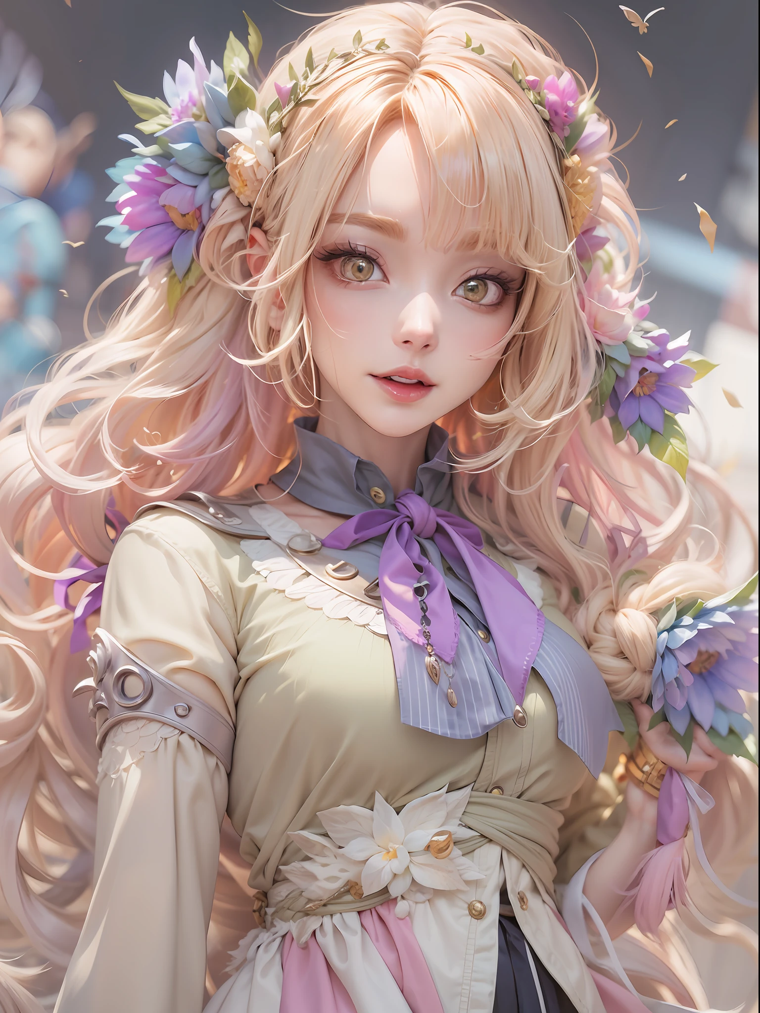 best qualtiy，8K，Best quality，(the detail:1.4), Blonde hair, hair flower, head wreath, Gradient_Eyes, long eyelasher, tsurime, wince, eyebrows behind the hair, Purple hair, Very long hair, Floating hair, Absurdly long hair, Anime, intriguing，cheerfulness，first person perspective, neo-classical, Renaissance,Epic and beautiful character art，Stunning character art，Ray traching,The costumes and facial expressions of the characters are very detailed，Displays a detailed description