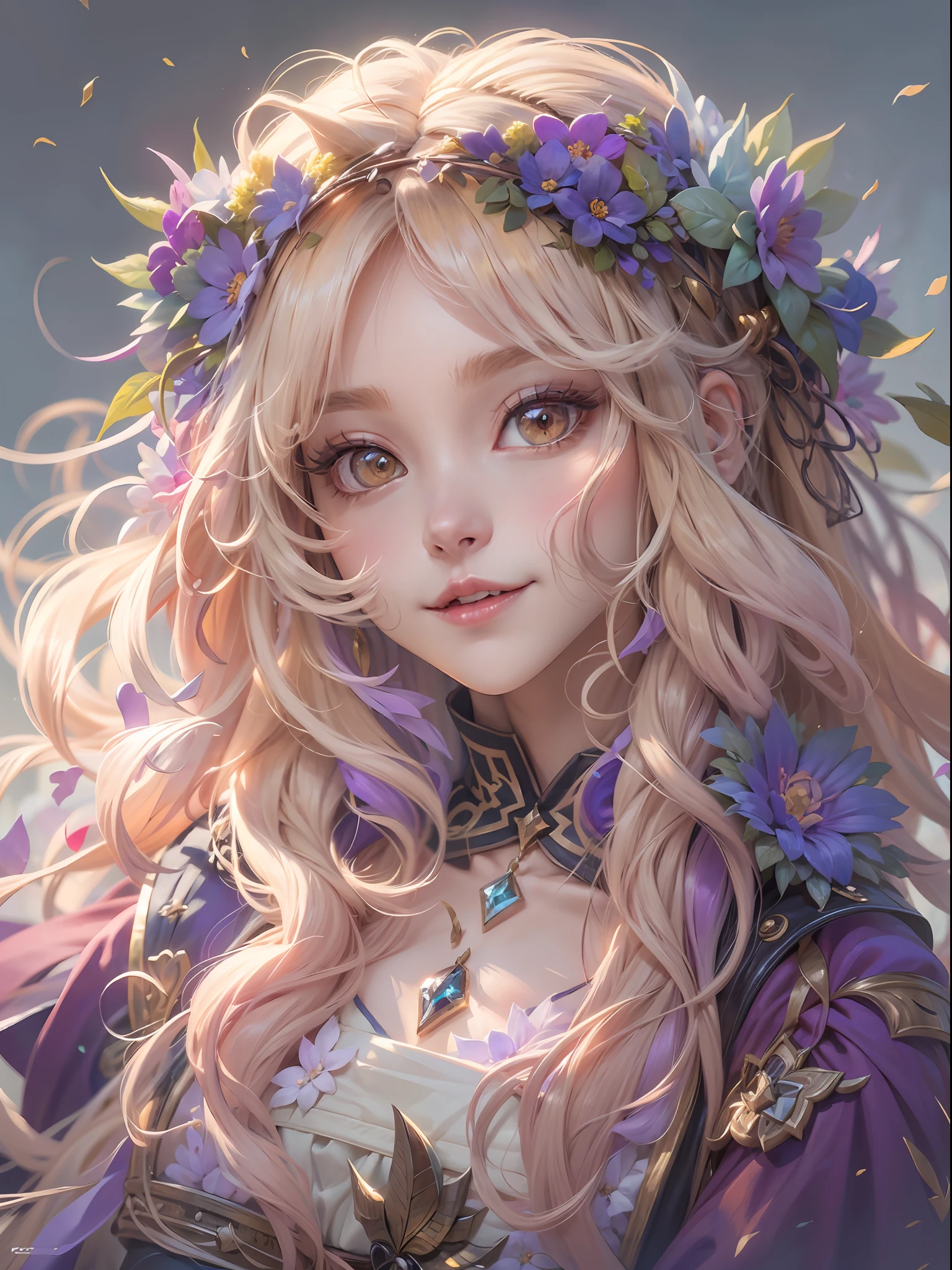 best qualtiy，8K，Best quality，(the detail:1.4), Blonde hair, hair flower, head wreath, Gradient_Eyes, long eyelasher, tsurime, wince, eyebrows behind the hair, Purple hair, Very long hair, Floating hair, Absurdly long hair, Anime, intriguing，cheerfulness，first person perspective, neo-classical, Renaissance,Epic and beautiful character art，Stunning character art，Ray traching,The costumes and facial expressions of the characters are very detailed，Displays a detailed description