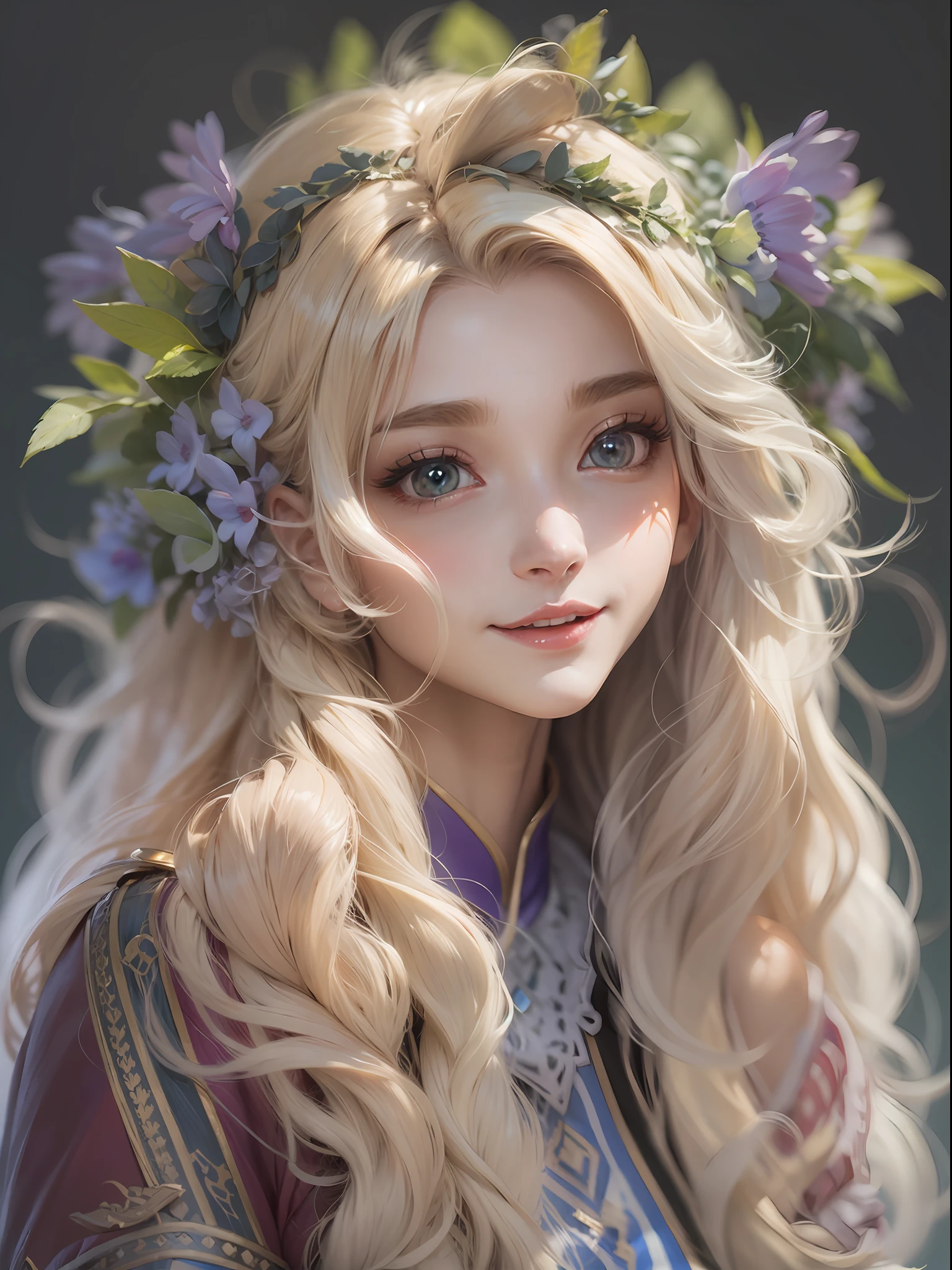 best qualtiy,8K,Best quality,(the detail:1.4), Blonde hair, hair flower, head wreath, Gradient_Eyes, long eyelasher, tsurime, wince, eyebrows behind the hair, Purple hair, Very long hair, Floating hair, Absurdly long hair, Anime, intriguing,cheerfulness,first person perspective, neo-classical, Renaissance,Epic and beautiful character art,Stunning character art,Ray traching,The costumes and facial expressions of the characters are very detailed,Displays a detailed description
