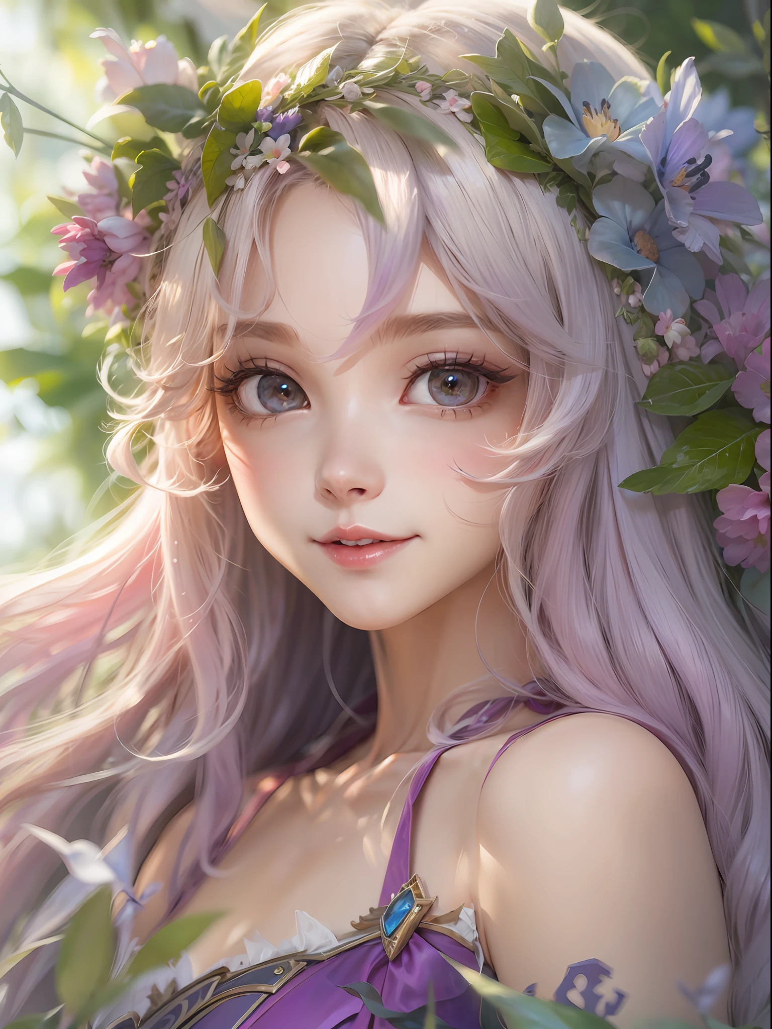 best qualtiy，8K，Best quality，(the detail:1.4), Blonde hair, hair flower, head wreath, Gradient_Eyes, long eyelasher, tsurime, wince, eyebrows behind the hair, Purple hair, Very long hair, Floating hair, Absurdly long hair, Anime, intriguing，cheerfulness，first person perspective, neo-classical, Renaissance,Epic and beautiful character art，Stunning character art，Ray traching,The costumes and facial expressions of the characters are very detailed，Displays a detailed description