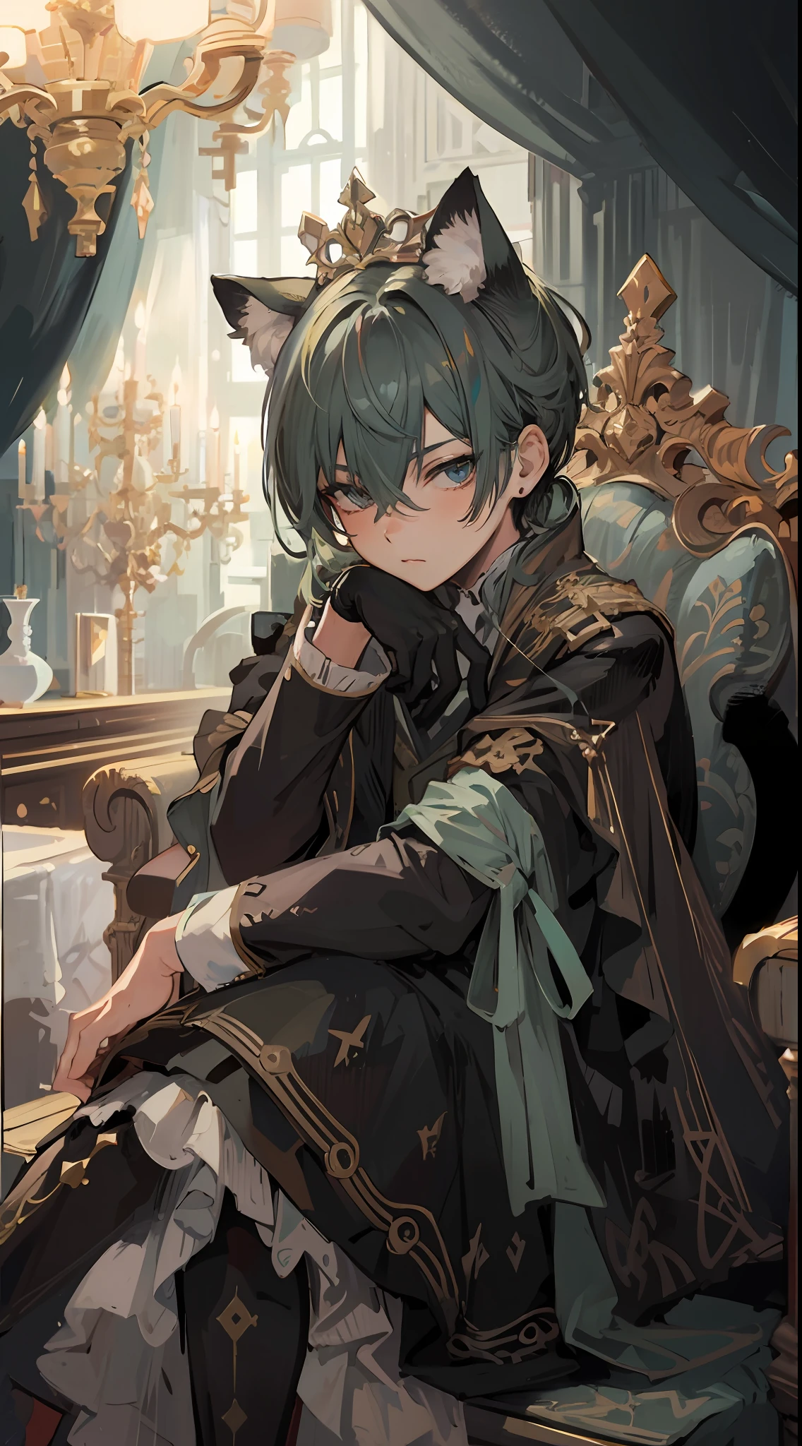 Anime - style image of a man in black prince clothes sitting on a chair, Beautiful prince, Trending on ArtStation pixiv, ((wearing aristocrat robe)), royal elegant pose, Delicate prince, Detailed key anime art, guweiz on pixiv artstation, inspired by Masanobu Okumura
