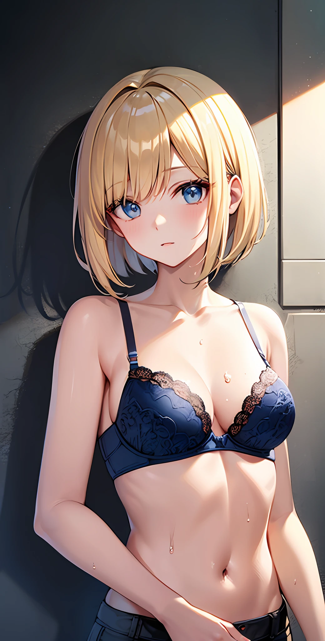 best quality,masterpiece,shiny blonde,blue eyes,white clothes, look down on, upper body,hair strand,Fair skin,short bob,bra,wet