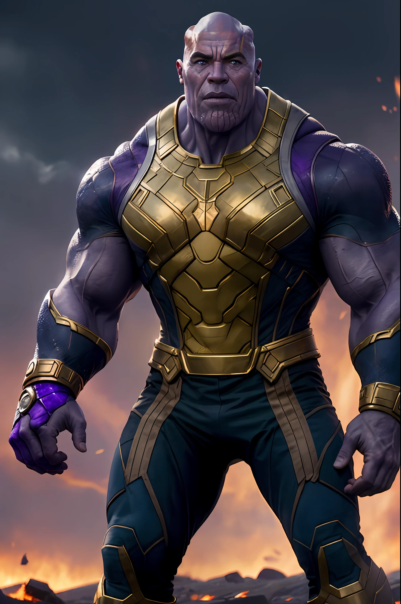 (16k, foto RAW, melhor qualidade, obra-prima: 1.2), ultra-detalhado, arte formal, foto realismo: 1.37, foto do corpo inteiro, (homem, beleza ,( Dwayne Johnson)film grain, villain action pose ((Thanos))detalhes