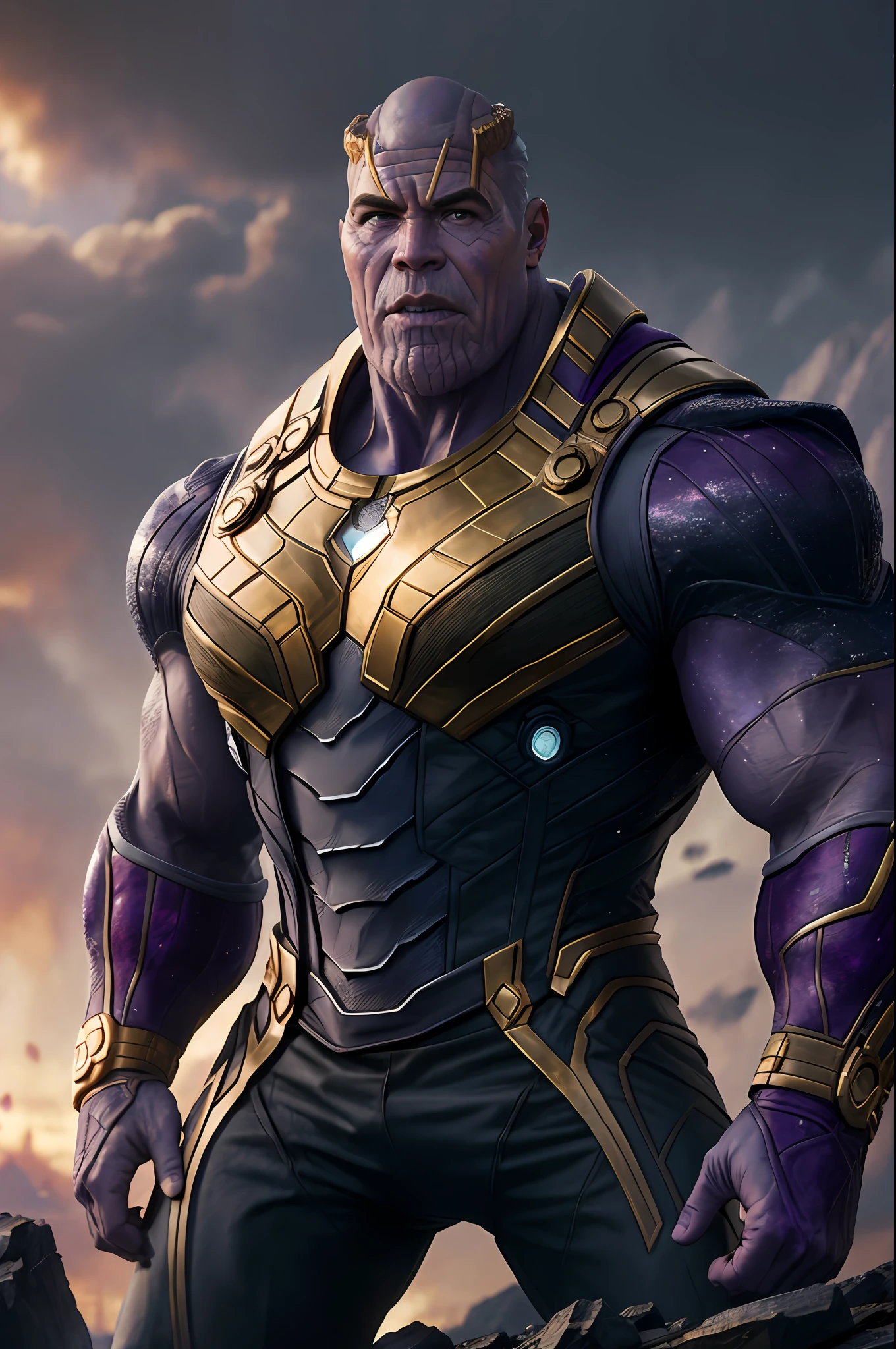 (16k, foto RAW, melhor qualidade, obra-prima: 1.2), ultra-detalhado, arte formal, foto realismo: 1.37, foto do corpo inteiro, (homem, beleza ,( Dwayne Johnson)film grain, villain action pose ((Thanos))detalhes