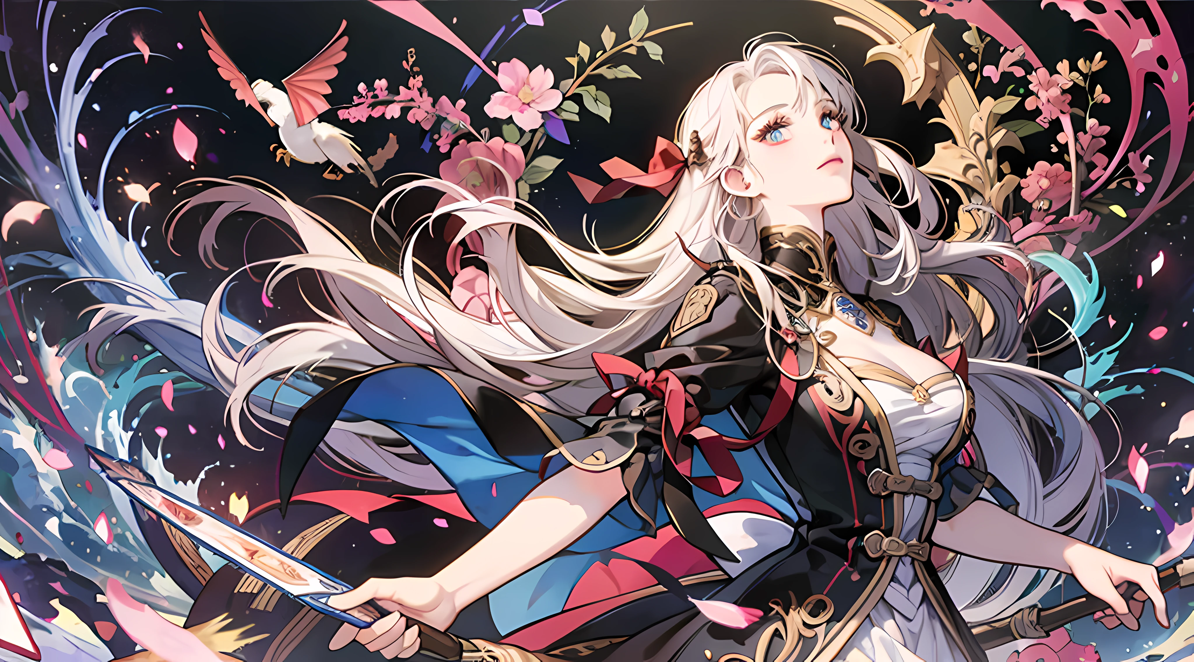offcial art, Unity 8k壁紙, ultra - detailed, Beautiful and beautiful, tmasterpiece, best qualtiy, (Zen entanglement, datura, Tangles, tangled), (s fractal art:1.3) , 1girl,Hold the card,extremely detaile, dynamic angle, The most beautiful forms of chaos, ellegance, Fauvistdesign, vivd colour, romanticism lain, James Jean, ross tran, Francis Bacon, Michal Mraz, adrian ghenie, petra cortright, Gerhard Richter, Takato Yamamoto, Ashley Wood, atmospurate, ecstasy of musical notes, Flow notes are visible, Red effect , Blood background , (Waterbow splash) , (the bats)