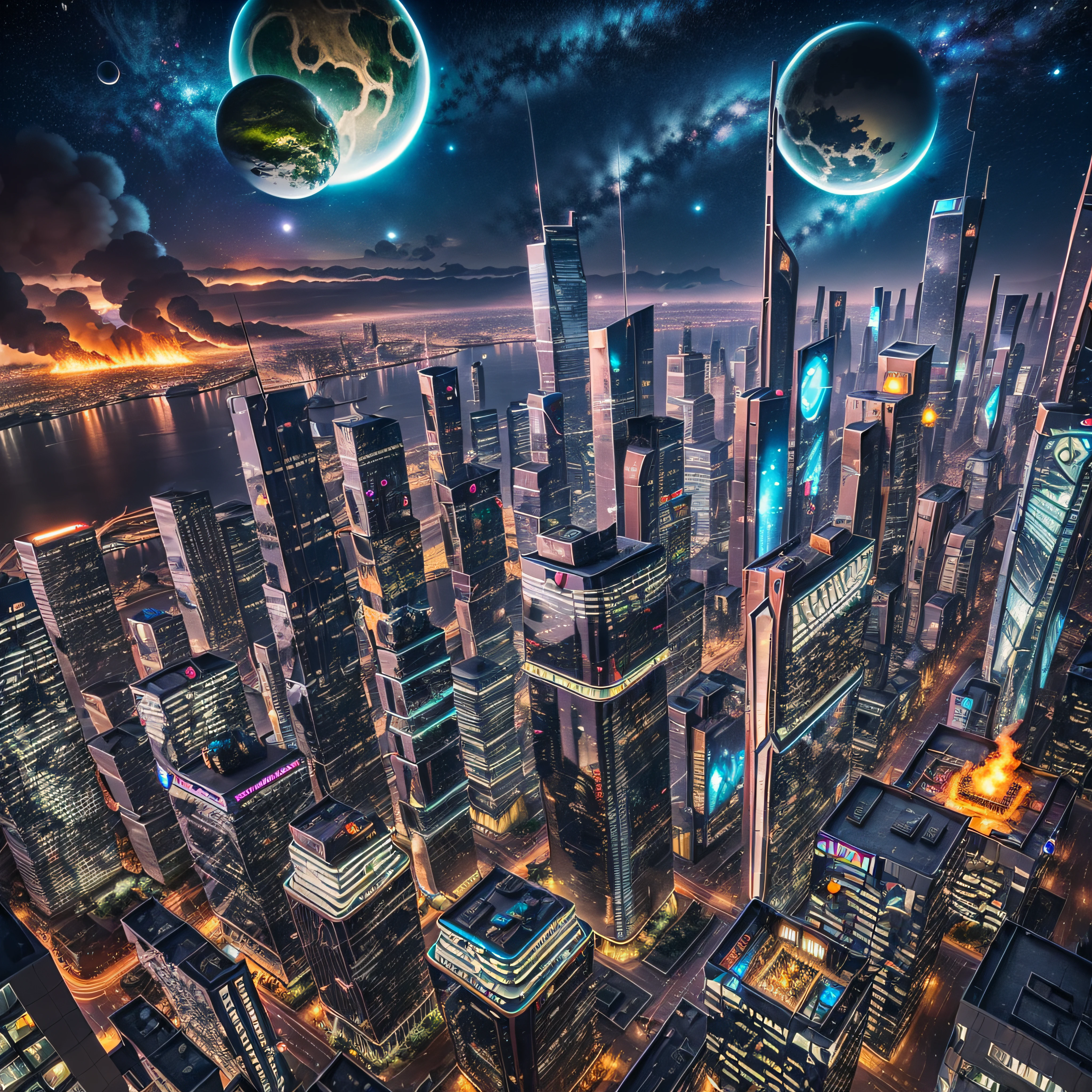 Generate a stunning photo-quality image of a dystopian city of the future with a cybernetic and futuristic style. The buildings have dystopian architectural designs, dark gotic, with avant-garde shapes and cybernetic details. Giant monuments feature alien figures AND extraterrestrial elements integrated into their design, creating a sense of chaos and drama. The city is illuminated by galaxies. En el horizonte, Fire looms that adds a dramatic touch to the scene. fotorrealista, hiperrealista, Super detailed, intrincado, dramatic, 24 mm, f2.8, plano general, tonos grises