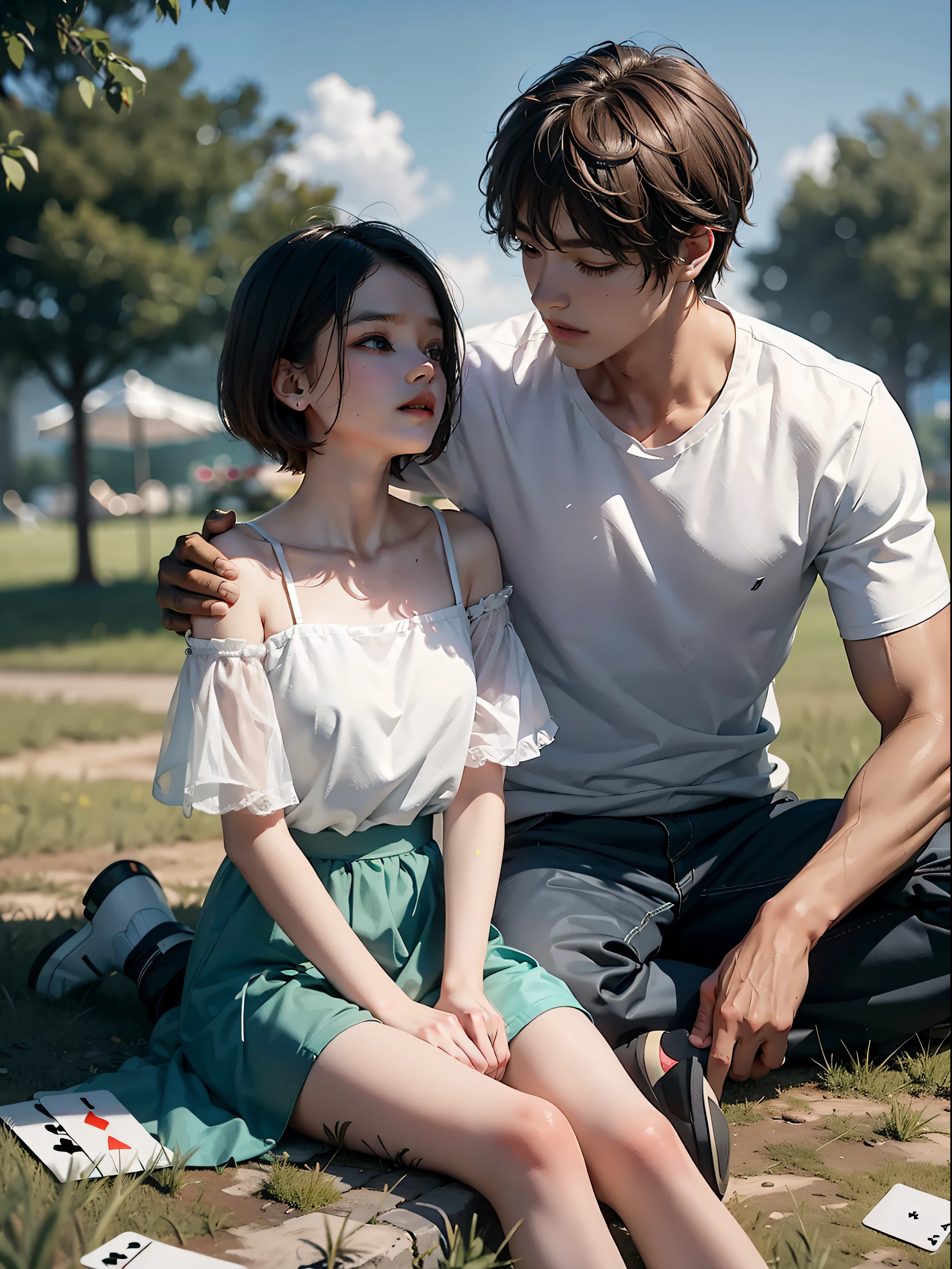 1boys,1girll,dynamic angle,short hair girl,White top,Sit on the lawn,The boy is having fun playing cards,The girl leans on the boy's shoulder,The girl looked at the boy,Light tracing,Floating colorful winds mix in the picture,Rich in color,Realistic and delicate,offcial art,Unity 8k壁纸,Ultra-detailed masterpiece,best qualityer,Glowing skin,cinmatic lighting。