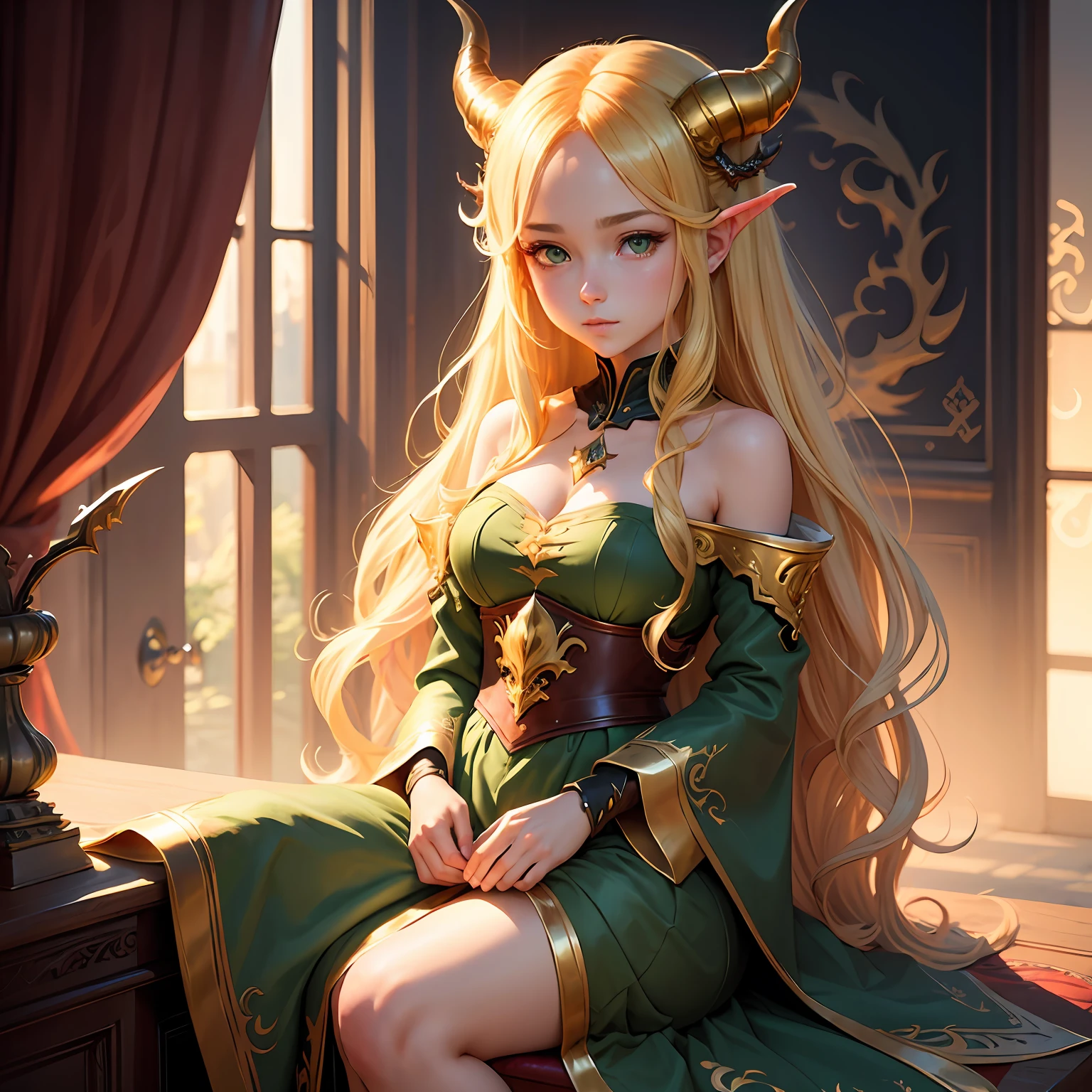 masterpiece, high quality, girl, golden hair, princess, horns, green eyes, gorgeous, dragon tail, wlop, game, anime --auto