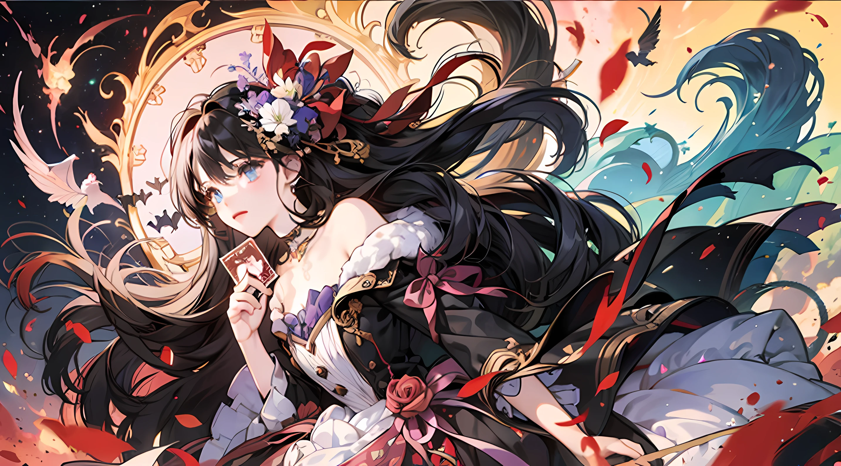 offcial art, Unity 8k壁紙, ultra - detailed, Beautiful and beautiful, tmasterpiece, best qualtiy, (Zen entanglement, datura, Tangles, tangled), (s fractal art:1.3) , 1girl,Hold the card,extremely detaile, dynamic angle, The most beautiful forms of chaos, ellegance, Fauvistdesign, vivd colour, romanticism lain, James Jean, ross tran, Francis Bacon, Michal Mraz, adrian ghenie, petra cortright, Gerhard Richter, Takato Yamamoto, Ashley Wood, atmospurate, ecstasy of musical notes, Flow notes are visible, Red effect , Blood background , (Waterbow splash) , (the bats)
