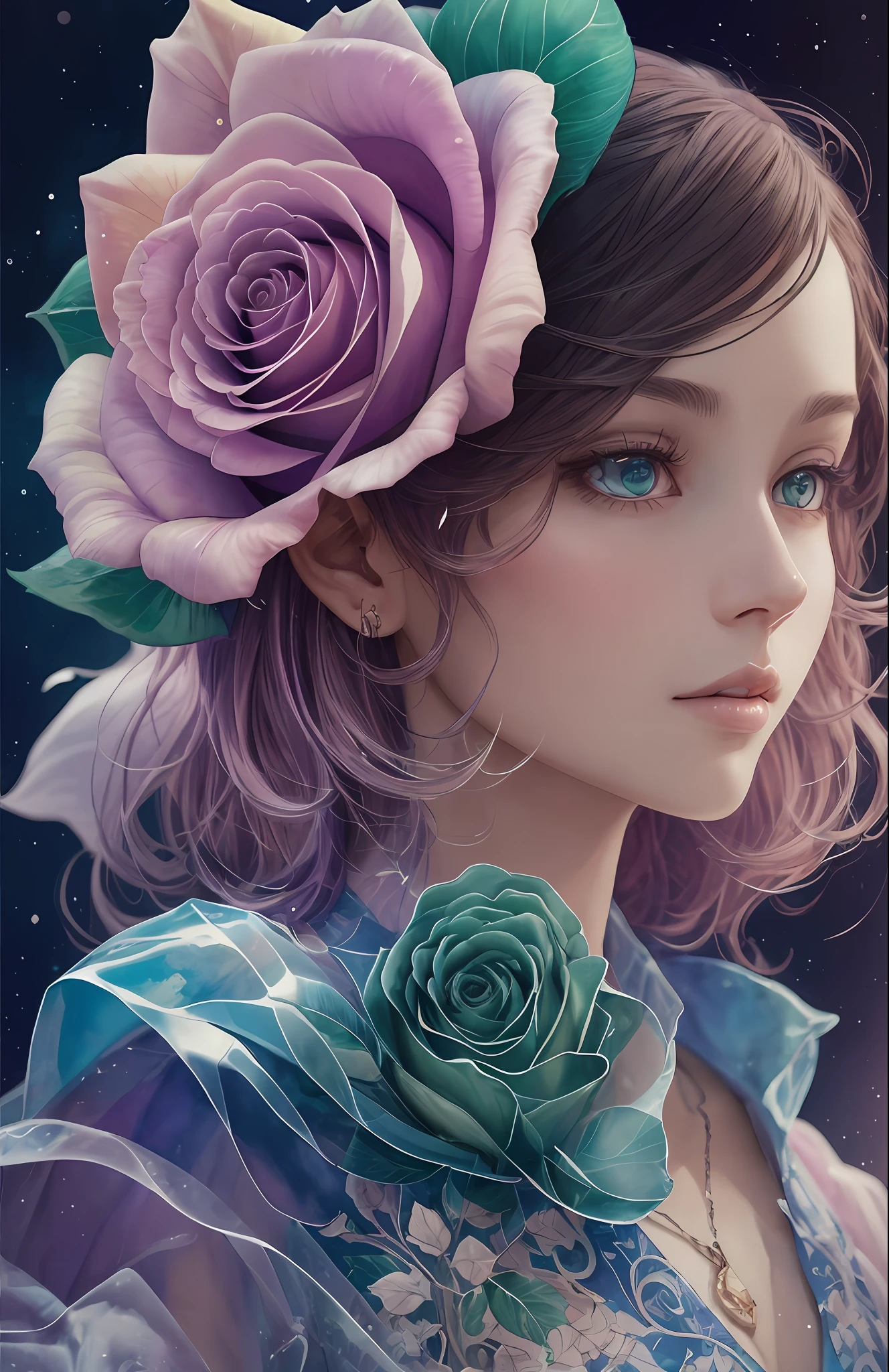 Beautiful Glass rose: Watercolor: painting by, Android Jones and James Jean!! Intricate detailed fluid gouache illustration: Tokio aoyama, 8k resolution, Gorgeous, Natural lighting, glass rose detailed matte painting, 8k resolution trending on Artstation Unreal Engine 5, Fantastical, elegant, multicolored, transculent, complex, realistic, magical, vibrant, glass --auto --s2