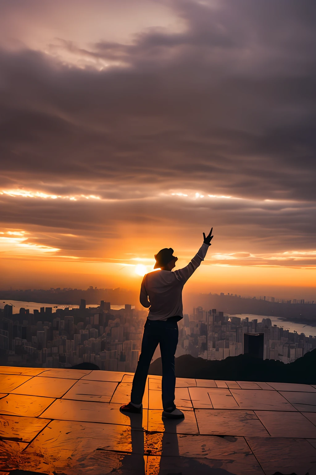 Michael Jackson dancing in Christ the Redeemer Rio de Janeiro spotlights on the ground light clasps sunset cinematic atmospheric great focus realistic photo 8k well detailed intricate masterpiece