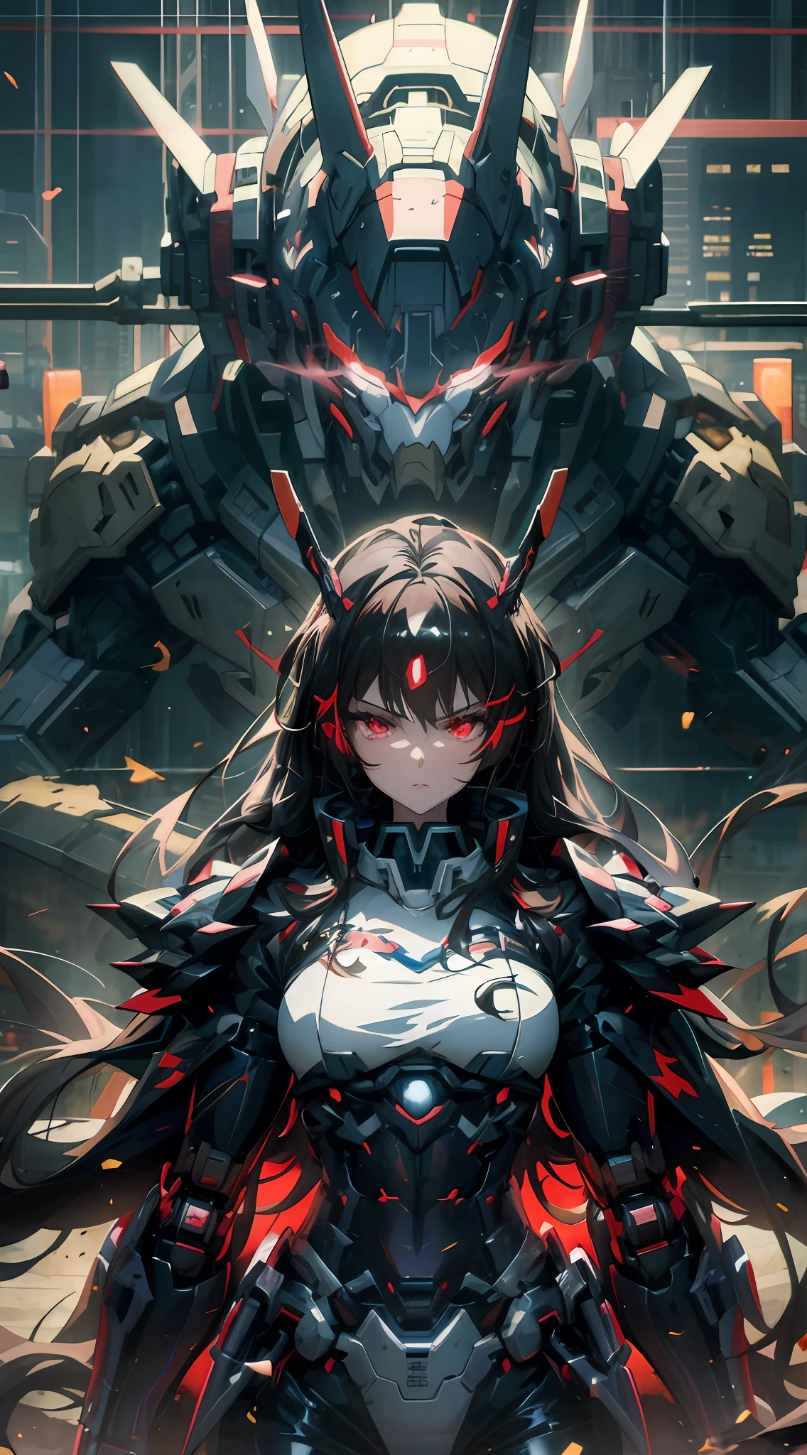 Mecha anime girl standing in front of giant handsome domineering heavy armed robot,brute waist，plumw， red - eyed，Badass anime 8 K, style of anime4 K, Digital cyberpunk anime art, 4K detailed digital art, 4k highly detailed digital art, Anime art wallpaper 4 K, Anime art wallpaper 4k, Anime art wallpaper 8 K, Detailed digital anime art, 4K anime wallpaper