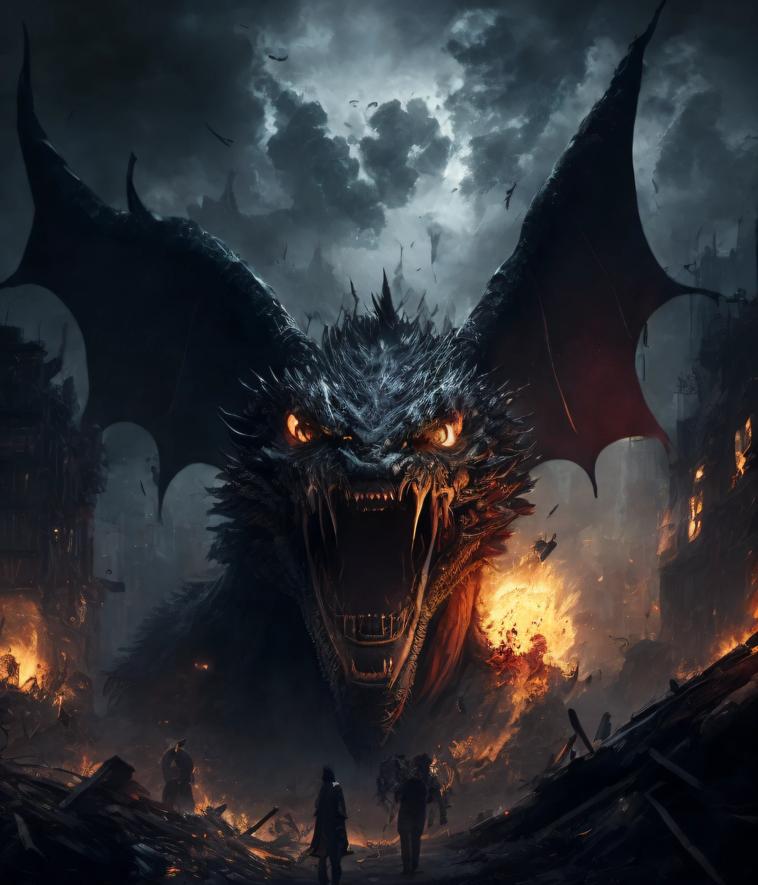 The best picture quality,tmasterpiece,Dark magic style,deep colour,Surrounded by smoke,The magic dragon soars in the sky,Eject fireballs,Fireballs blow up the earth,The world is in ruins,Dragons soar into the sky,Showcase its supreme power Chinese dragon,Huge arms,The expression is hideous,Cover the sky,Mechanical wind,Urban destruction。
