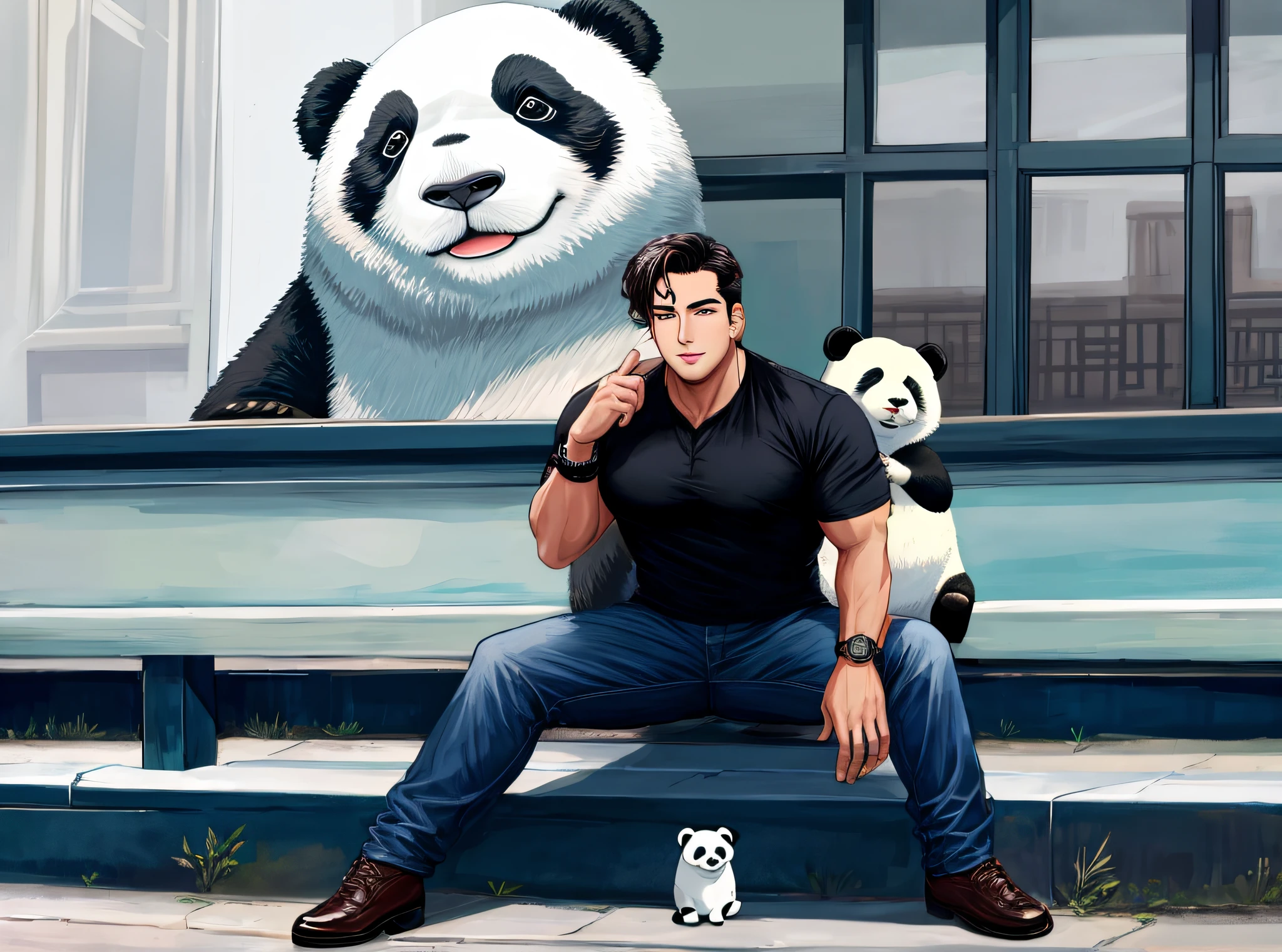 Young and handsome male，Fit but not fat，He wears a black watch on his left wrist