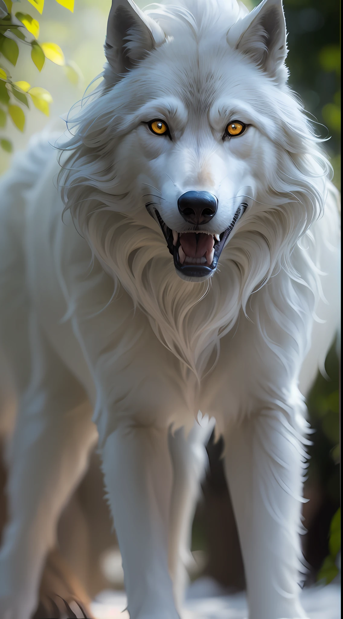 A wolf king,(Solid white:1.3),Yellow glowing eyes,Delicate fur,Finely depicted face,dentes pontiagudos,Nice tail,Realistic forest,Morning sun ,low-contrast,(Medium and near focal length:1.3),best qualityer,Extremely fine,Unlimited details,photograph of-realistic,HighestQuali,tmasterpiece,Premium wallpapers,8k,octaneratingrendering,(Do not appear in human form:1.4) waiting to start