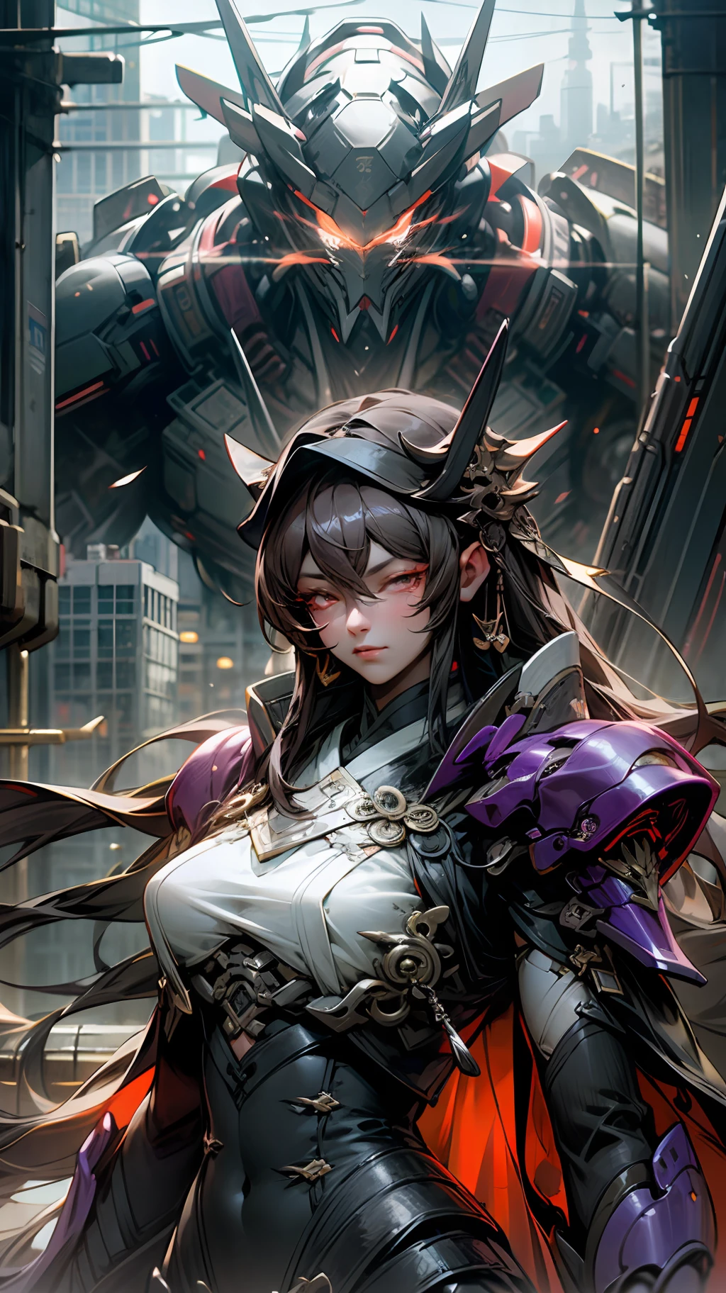 Dark purple mech,Red-glowing eyes,heavy metal,ellegance,Qi Yu Xuanang,sci-fy,The city of the future,full bodyesbian,muscline,Natural textures,beautiful with detail,Extremely high resolution,best qualtiy --auto