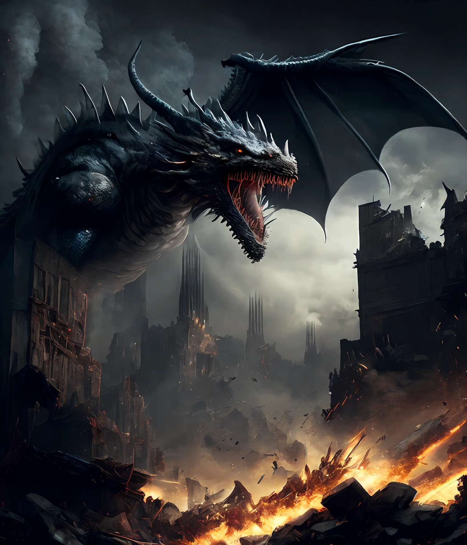 The best picture quality,tmasterpiece,Dark magic style,deep colour,Surrounded by smoke,The magic dragon soars in the sky,Eject fireballs,Fireballs blow up the earth,The world is in ruins,Dragons soar into the sky,Showcase its supreme power Chinese dragon,Huge arms,The expression is hideous,Cover the sky,Mechanical wind,Urban destruction。
