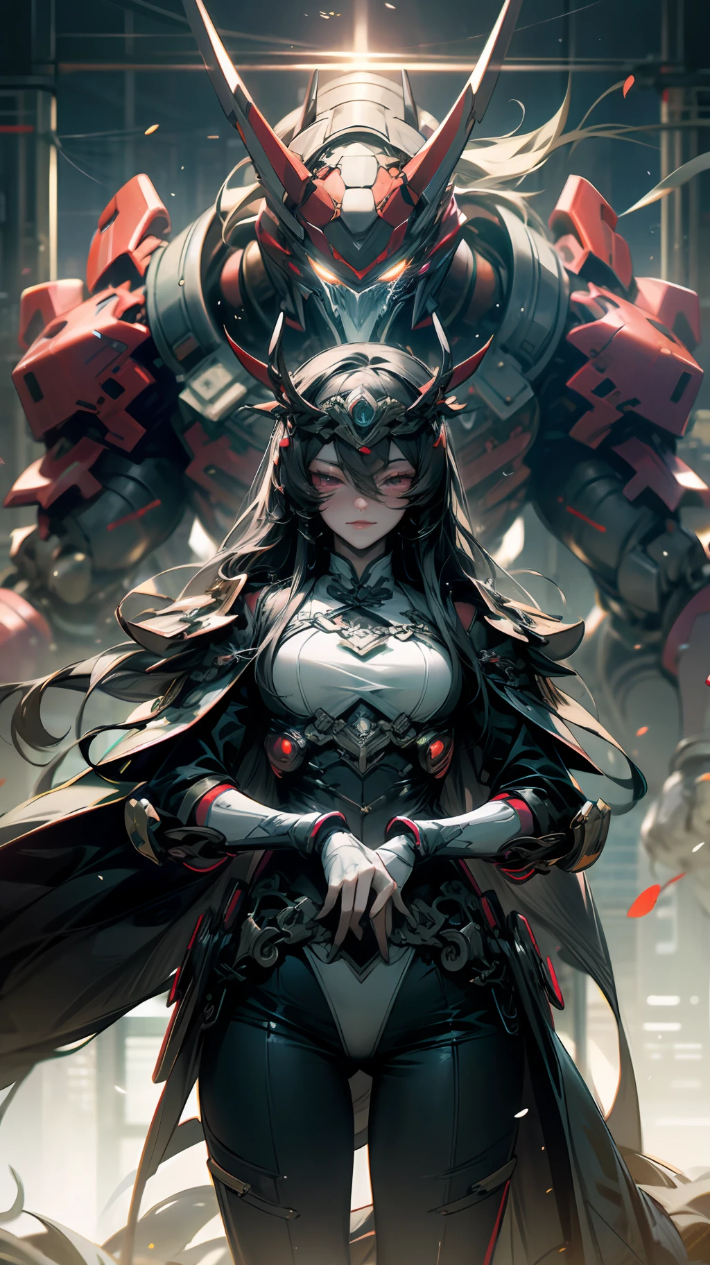 Dark purple mech,Red-glowing eyes,heavy metal,ellegance,Qi Yu Xuanang,sci-fy,The city of the future,full bodyesbian,muscline,Natural textures,beautiful with detail,Extremely high resolution,best qualtiy --auto