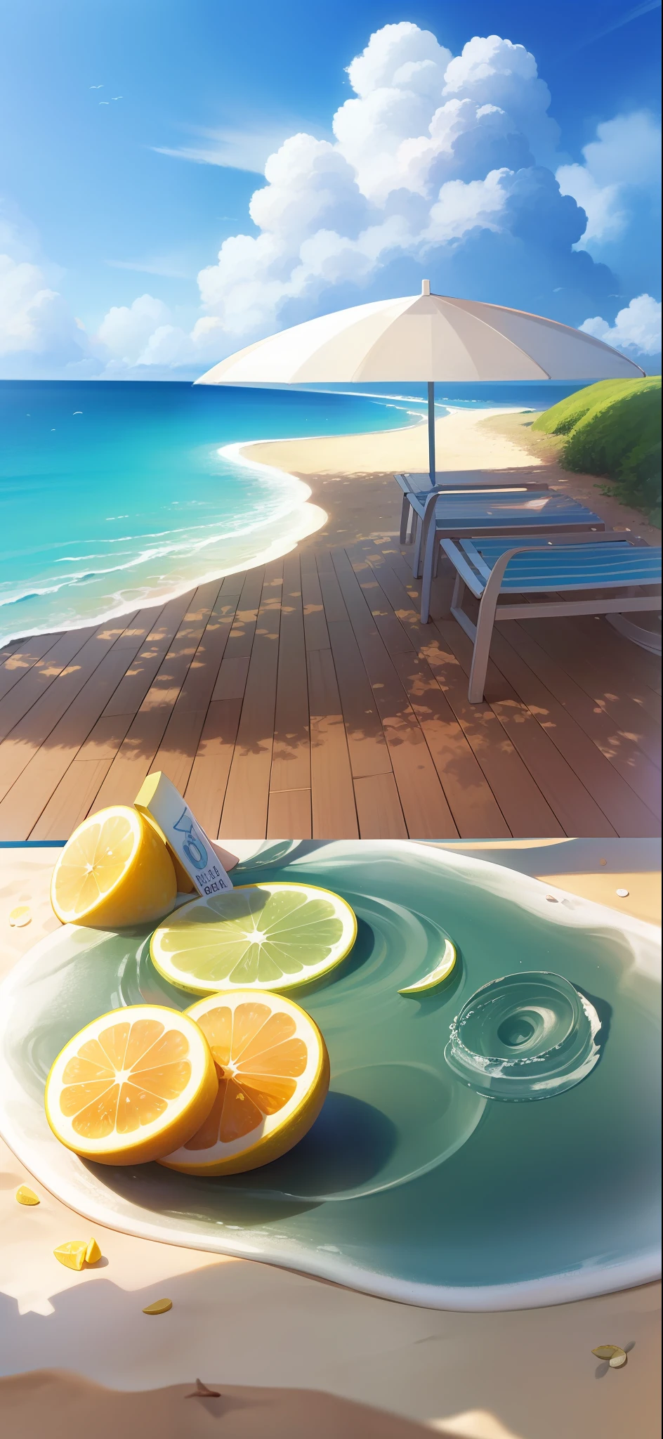 Landscape photos，the sea，Small Fresh，sandbeach，blue-sky，Beach umbrellas，beach chair，Ccup，lemons，Insert lemon slices into the quilt，The waves lap against the beach